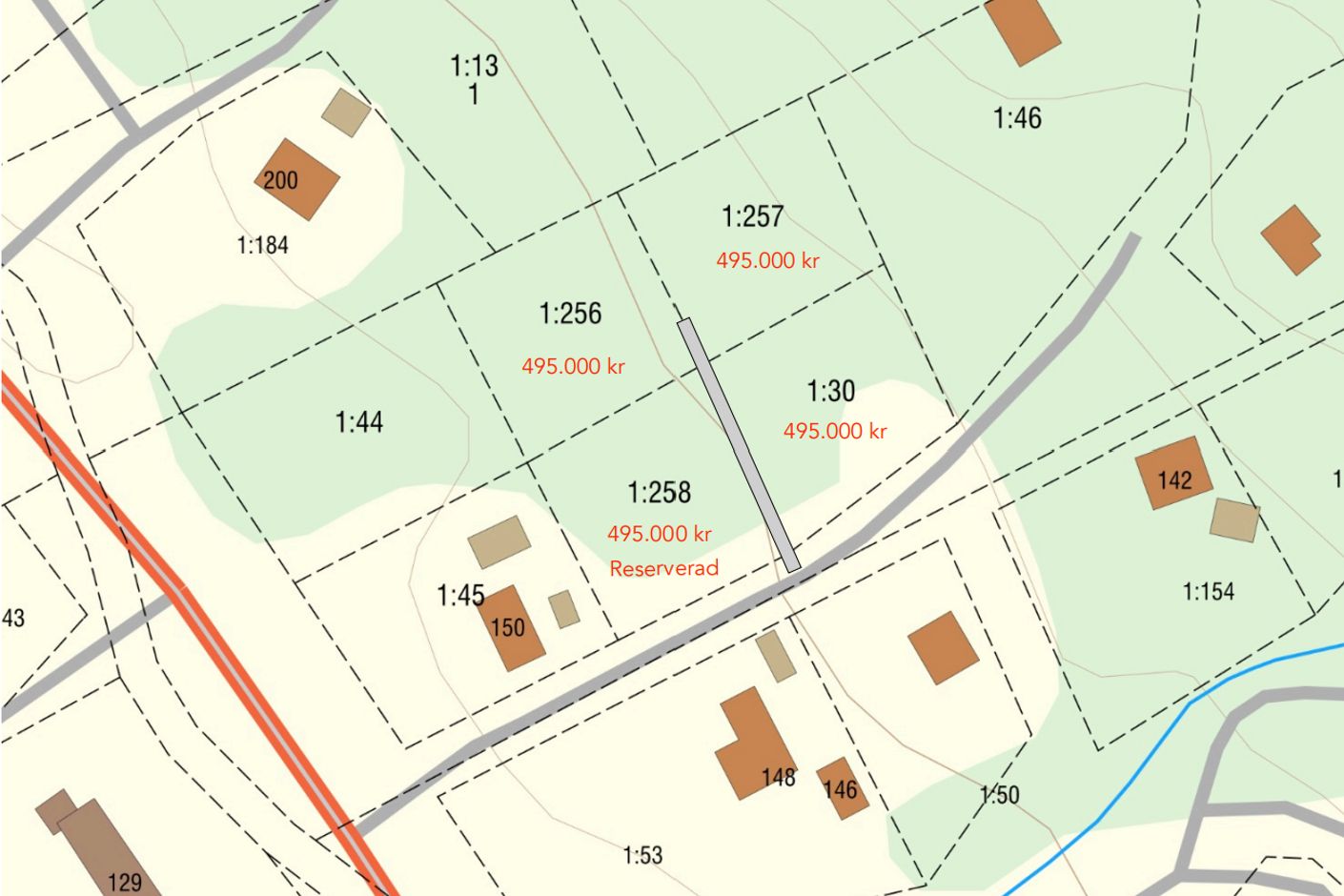 Tomtkarta med priser och med kommande väg inritad