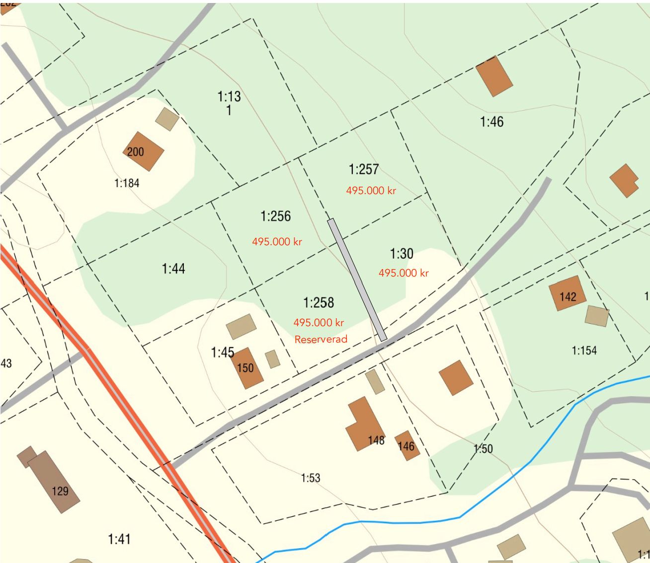 Tomtkarta med priser och med kommande väg inritad