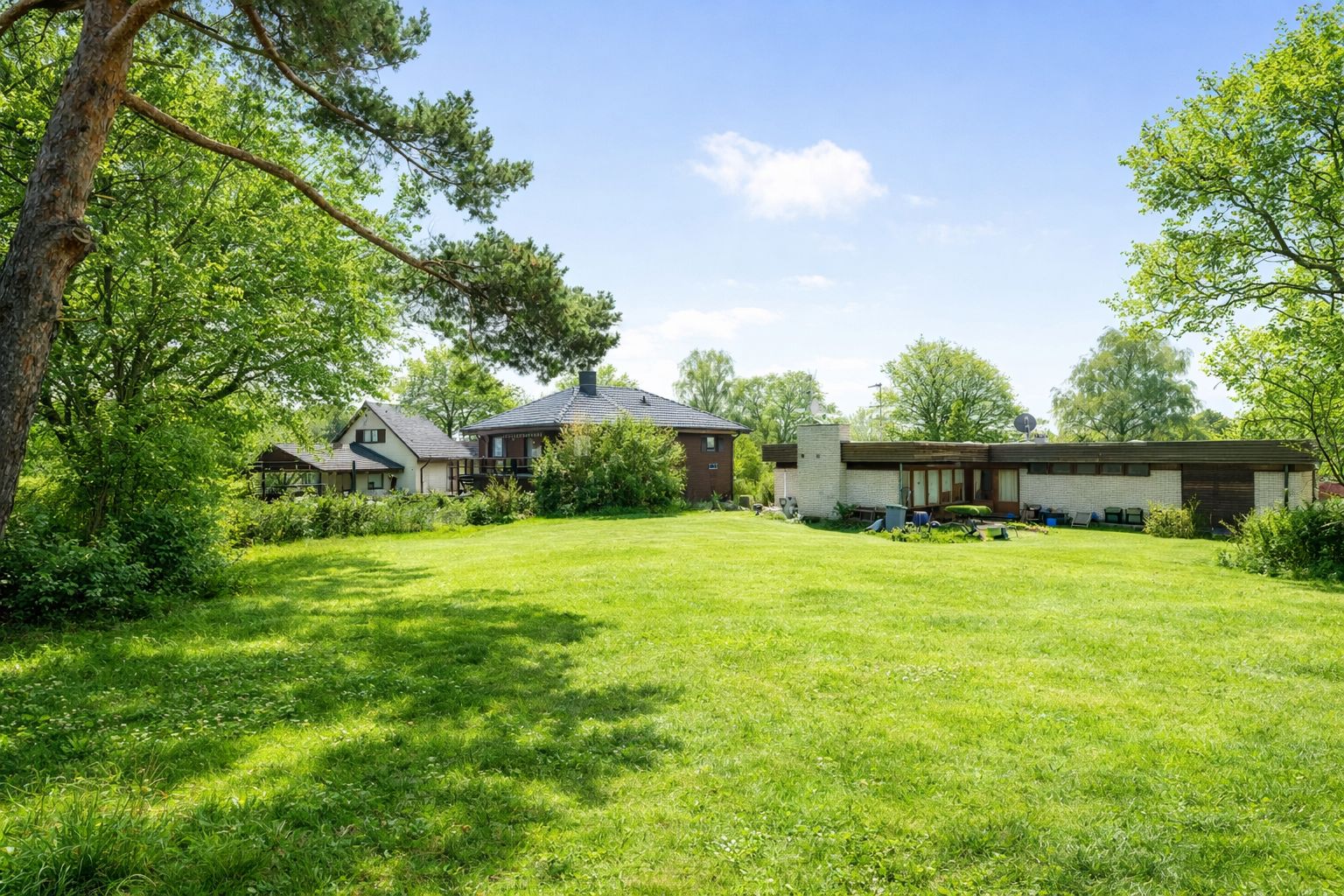 Grönskande trädgård med hus i solen