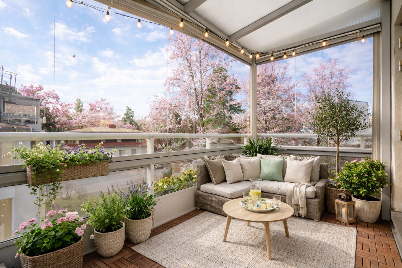 Solig balkong med blommande körsbärsblommor