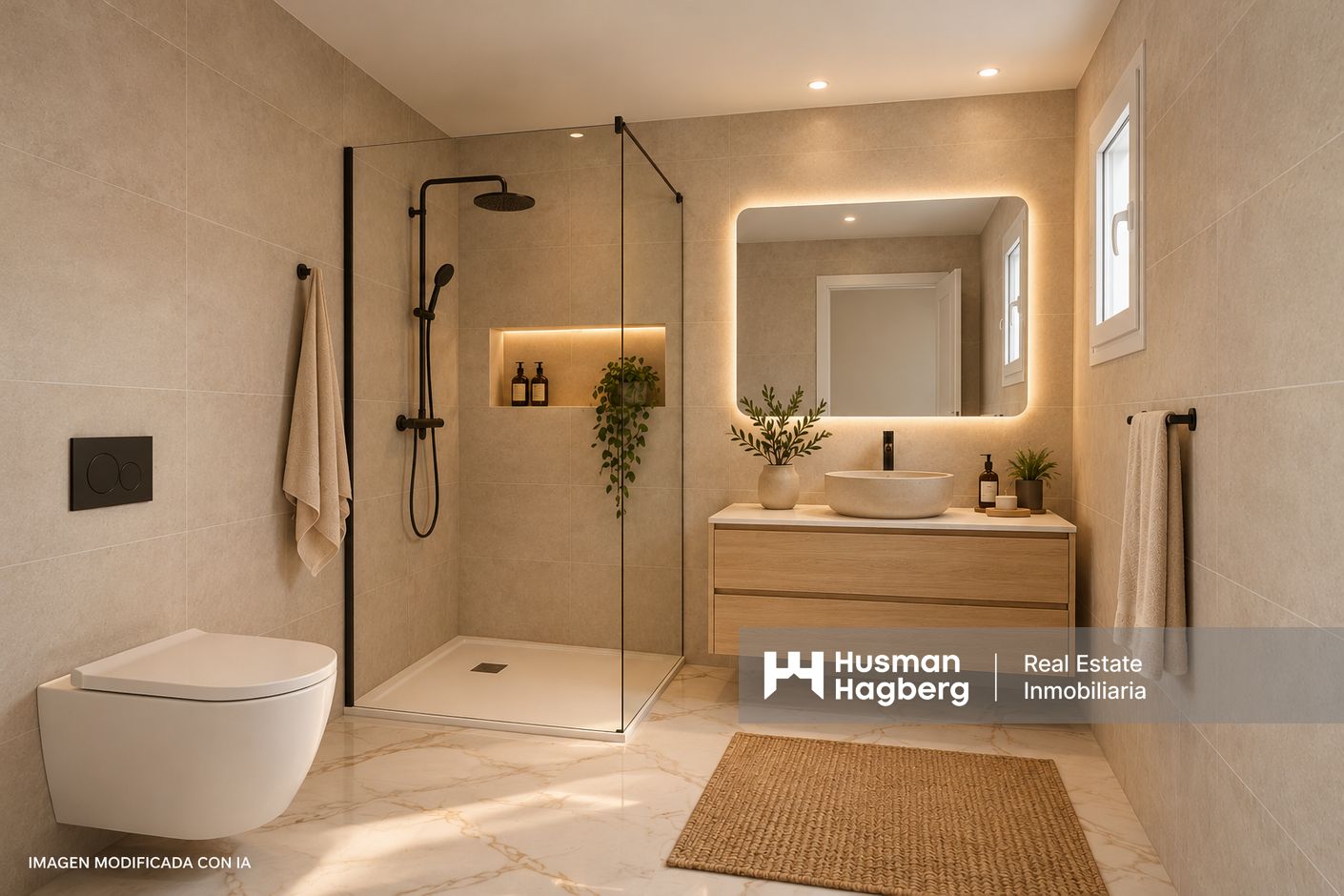 Baño minimalista con ducha y vanity iluminados