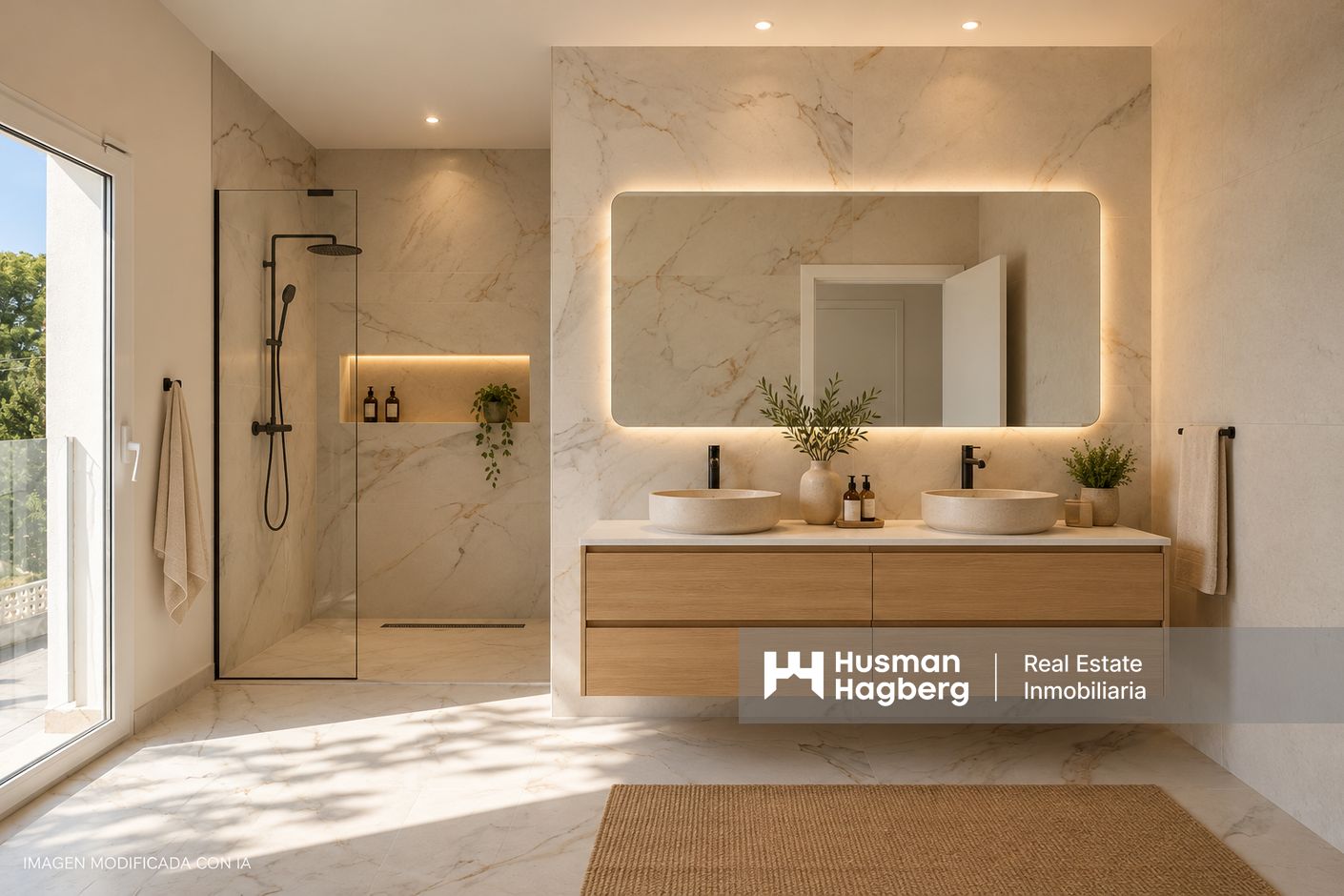 Baño moderno con mármol y luz cálida
