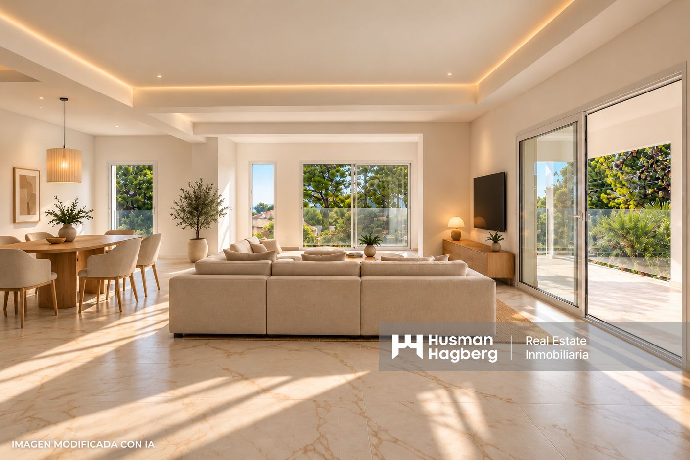 Salón mediterráneo moderno con texto IA