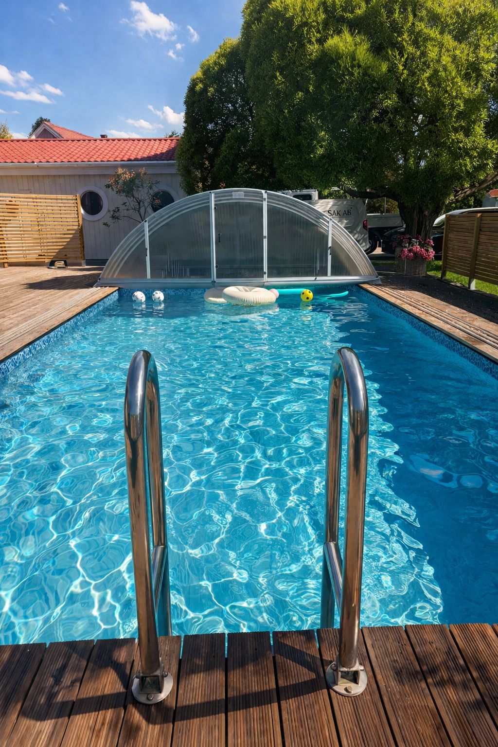Solig pool i trädgården