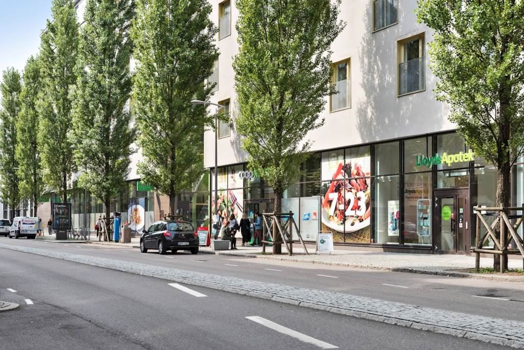 Friggagatan med välsorterad mataffär och närliggande kommunikation.