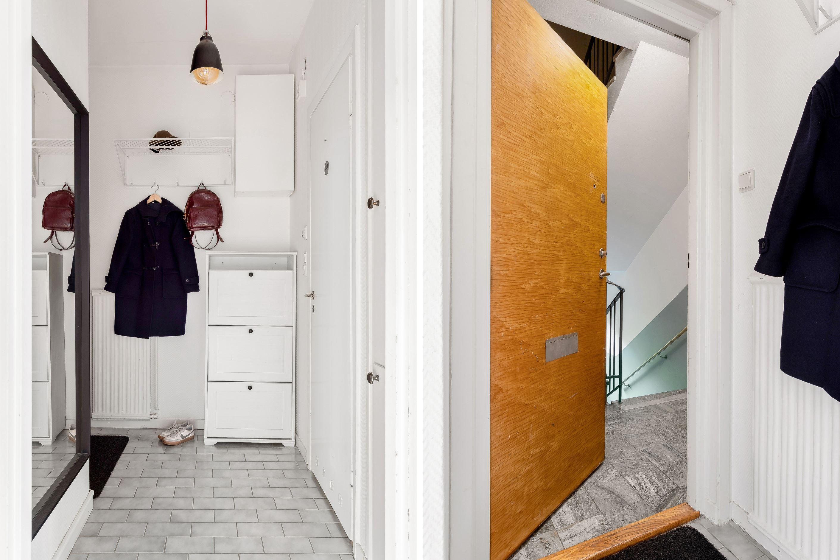 Hall med plats för avhängning och förvaring