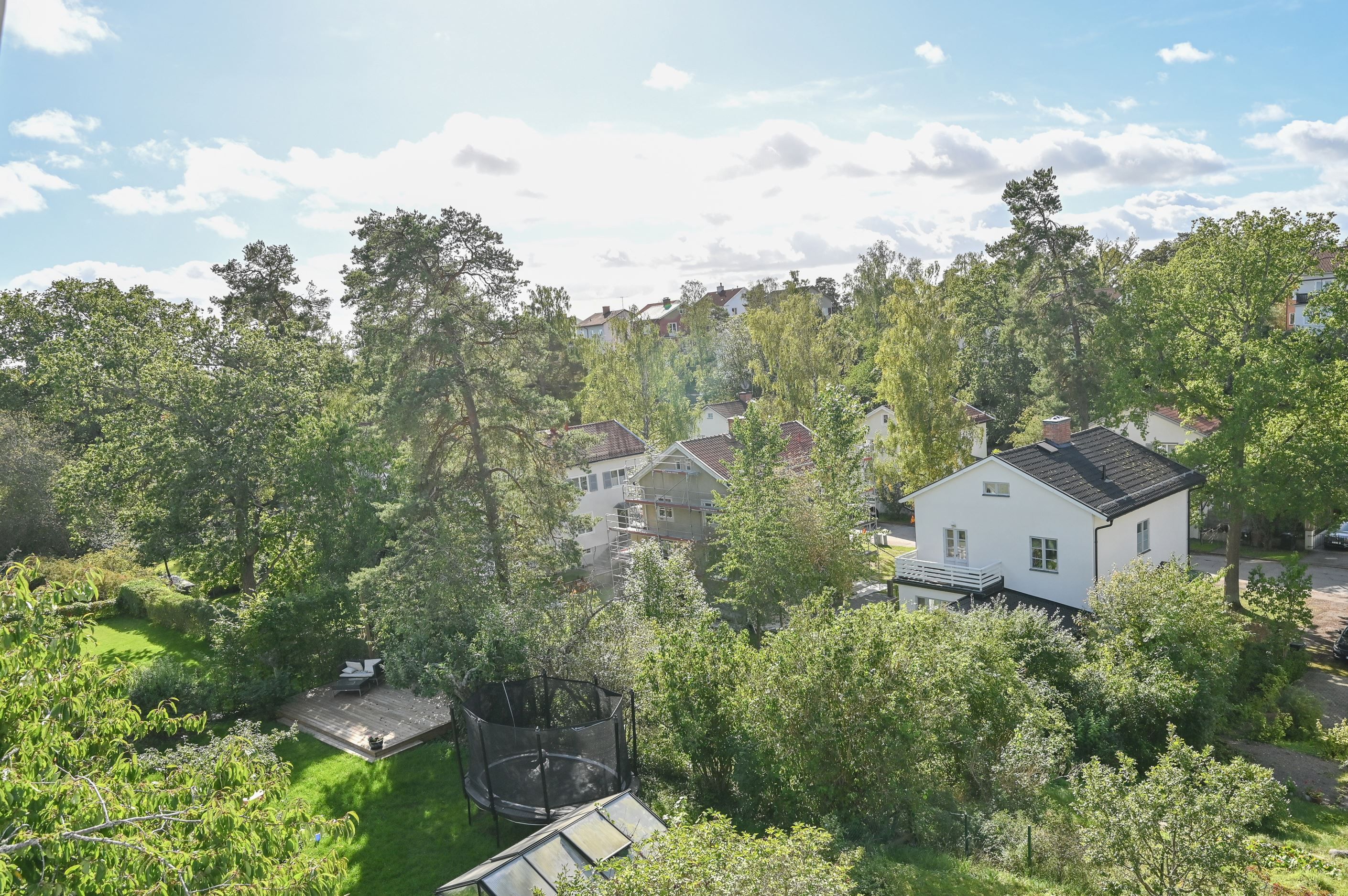 Vidsträckt vy över takåsar och grönska