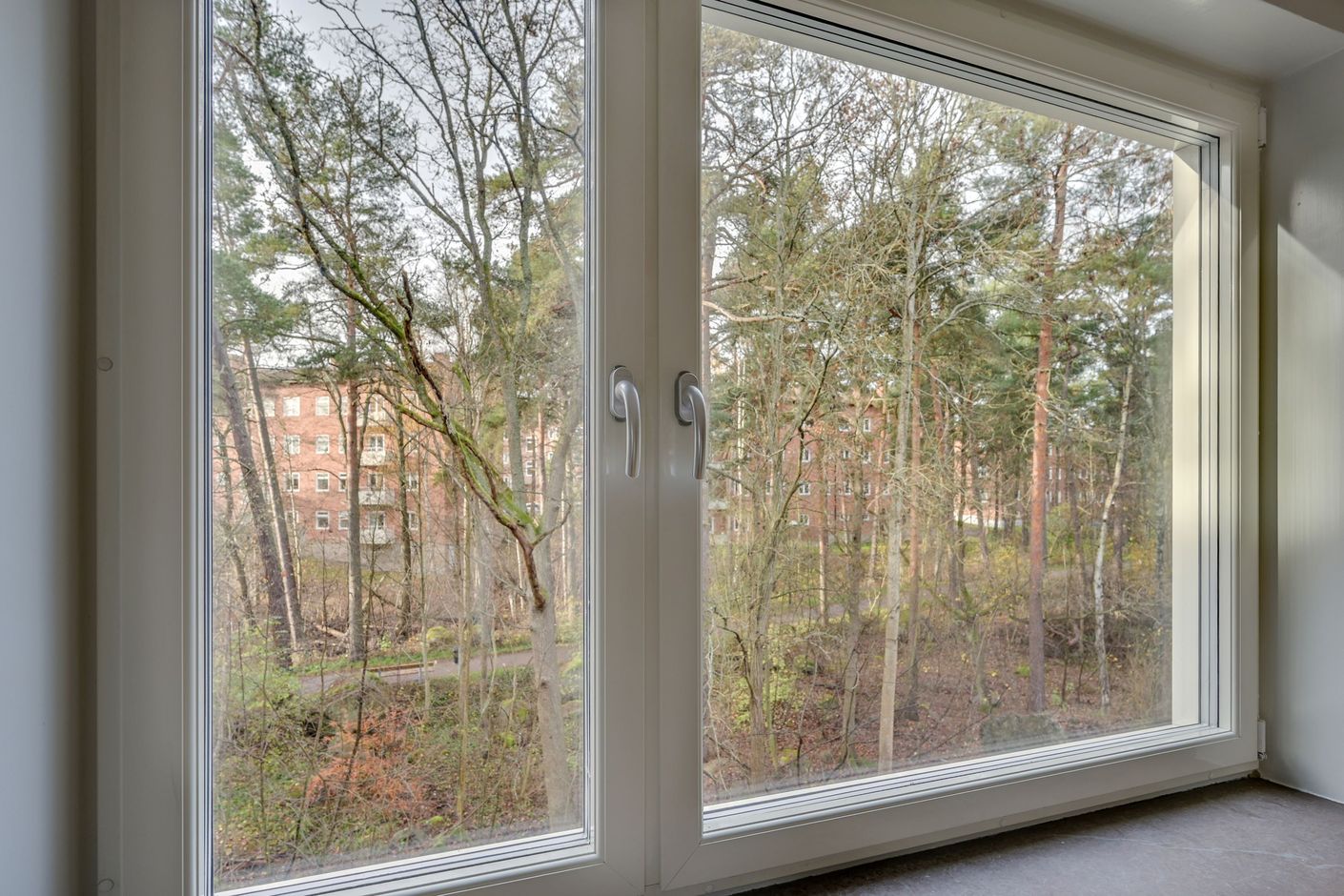 Lugnt belägen med utsikt mot skogen från vardagsrummet