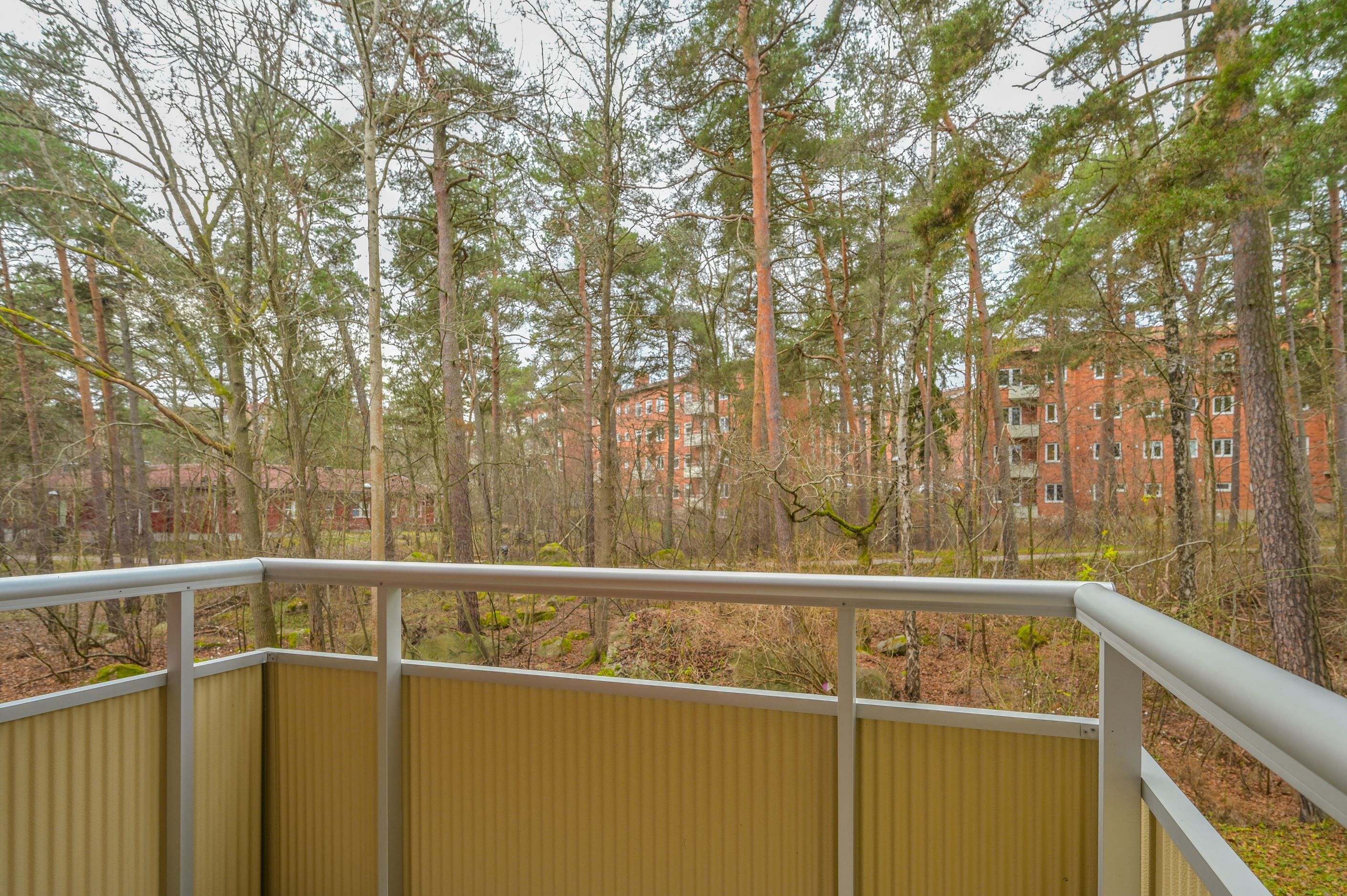 Balkong från vardagsrummet i insynsskyddat läge mot skogsparti