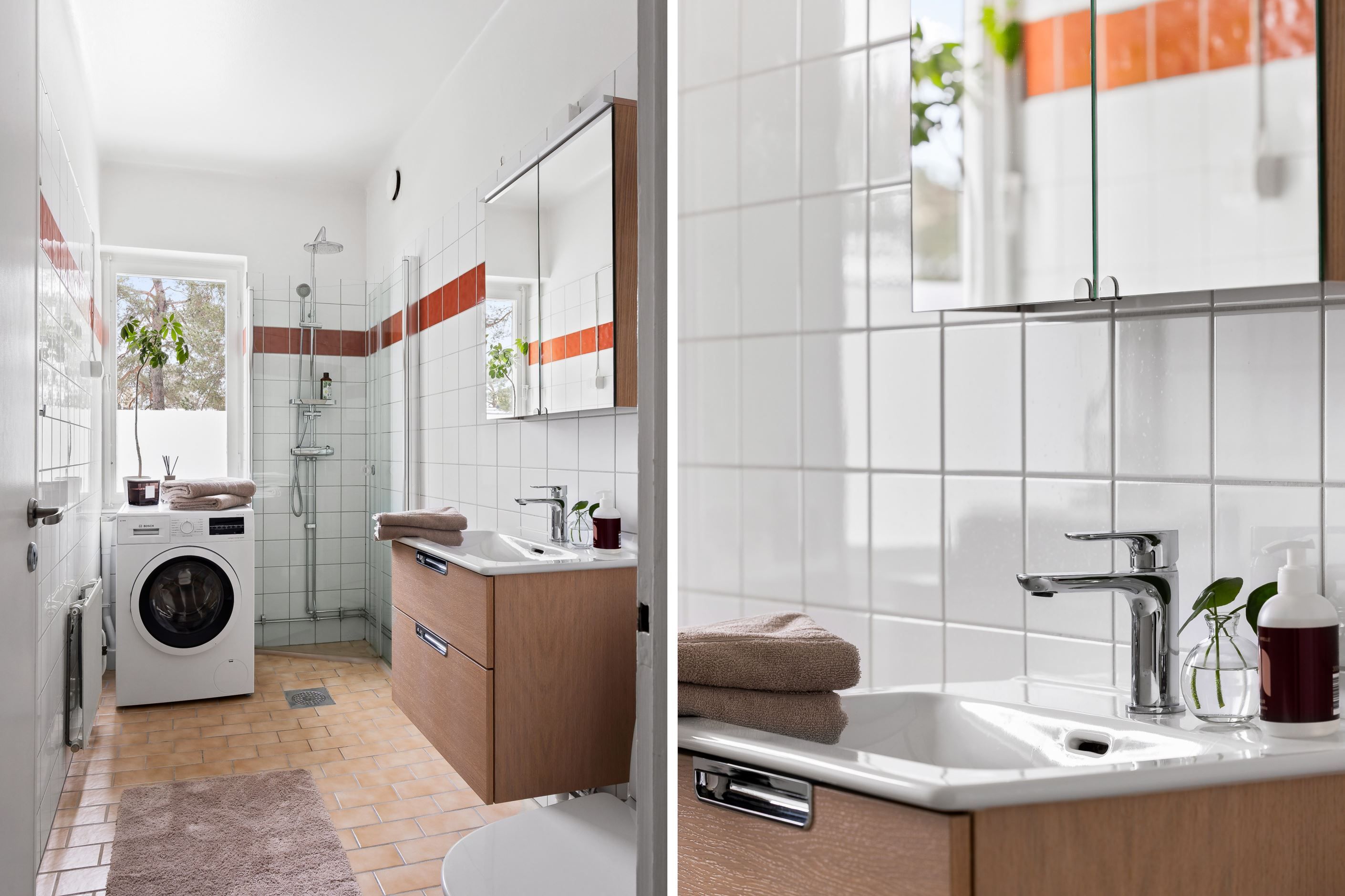 Badrum med dusch och tvättmaskin