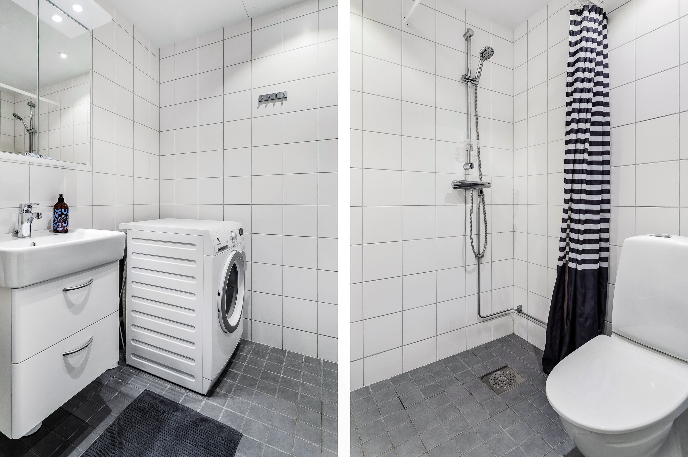 Helkaklat badrum med kombitvättmaskin