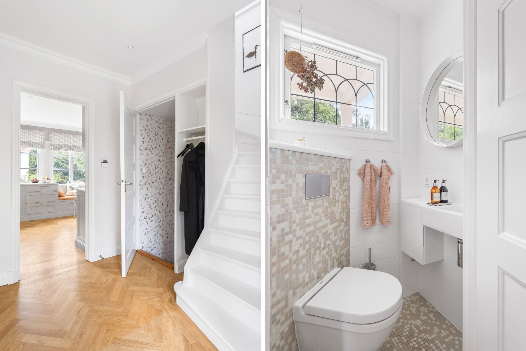 Hall med nylagt ekgolv och golvvärme - Renoverad WC