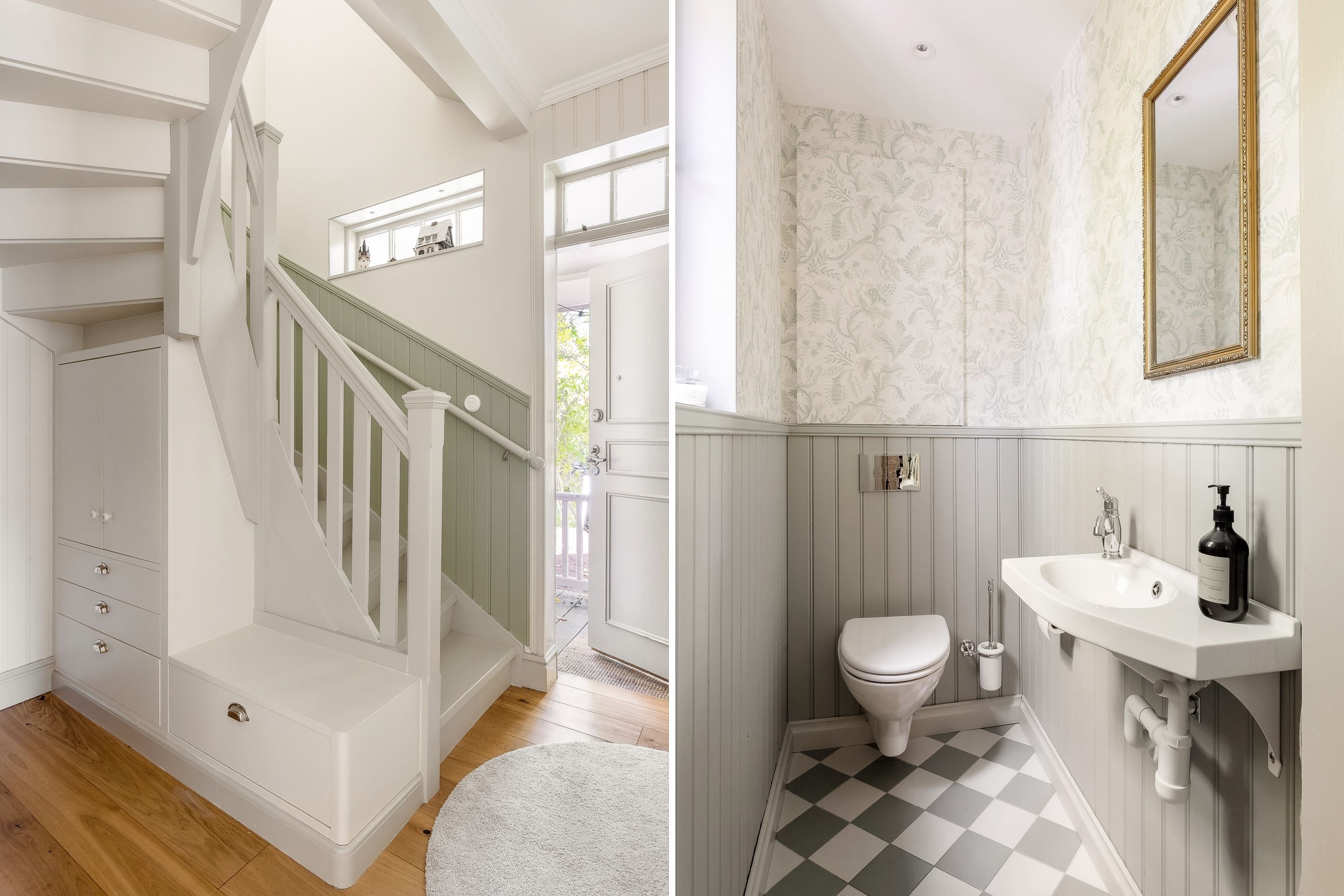 Platsbyggd förvaring och sittplats under trappen