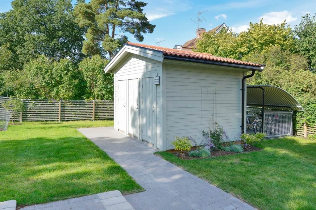 Förråd på tomten med skyddat cykelställ