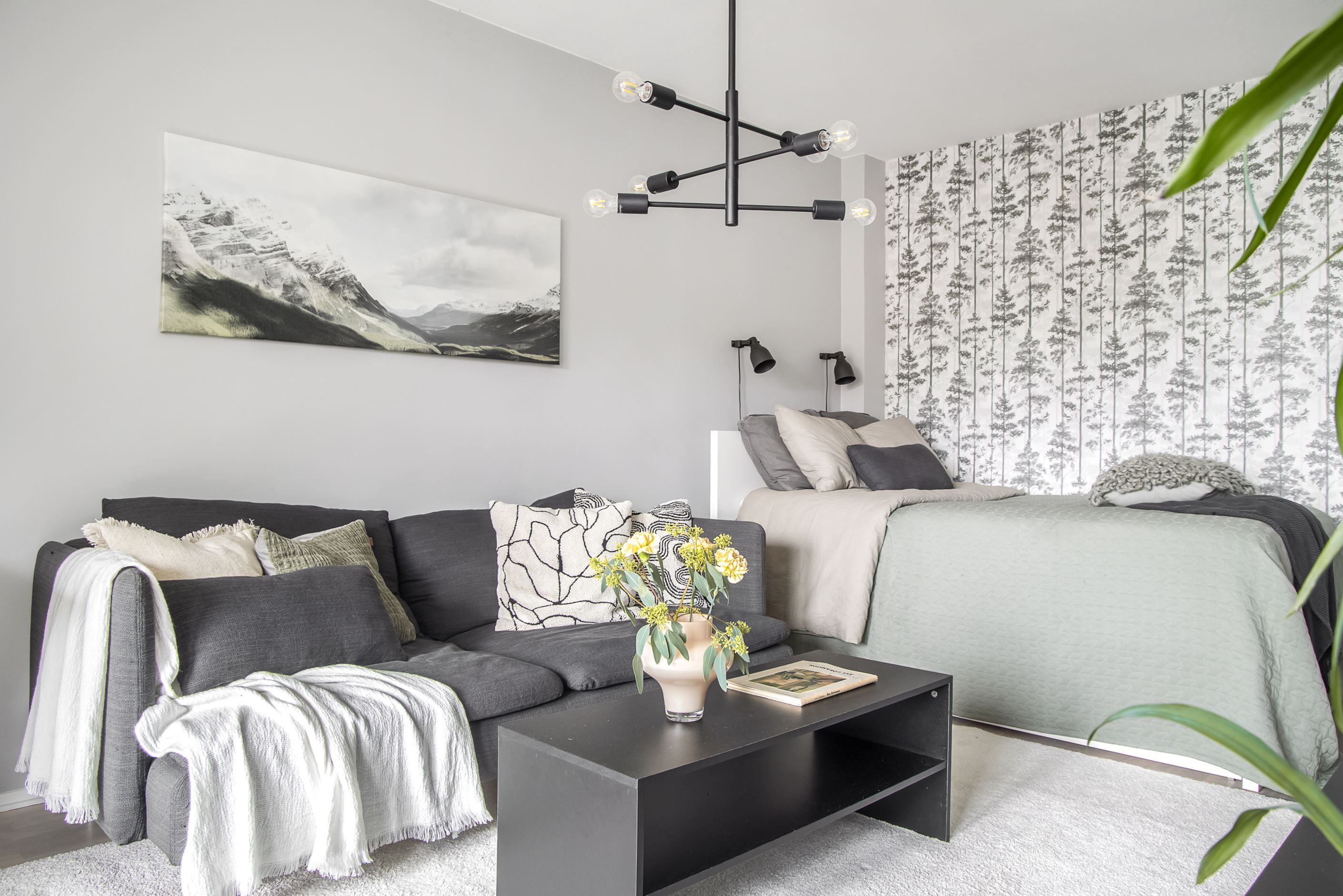 I rummet ryms såväl säng som soffgrupp.