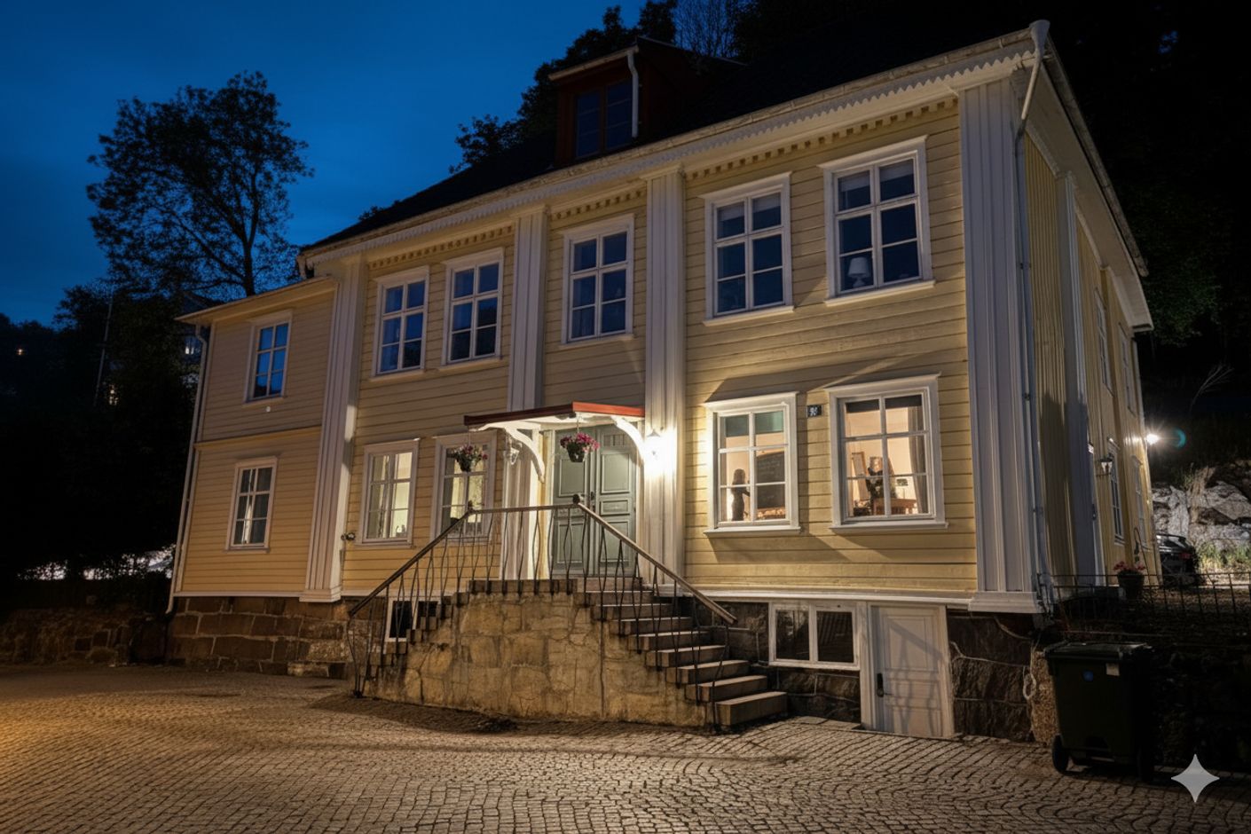 Välkomna till ett ståtligt hus på Västra Gatan. AI genererad bild.