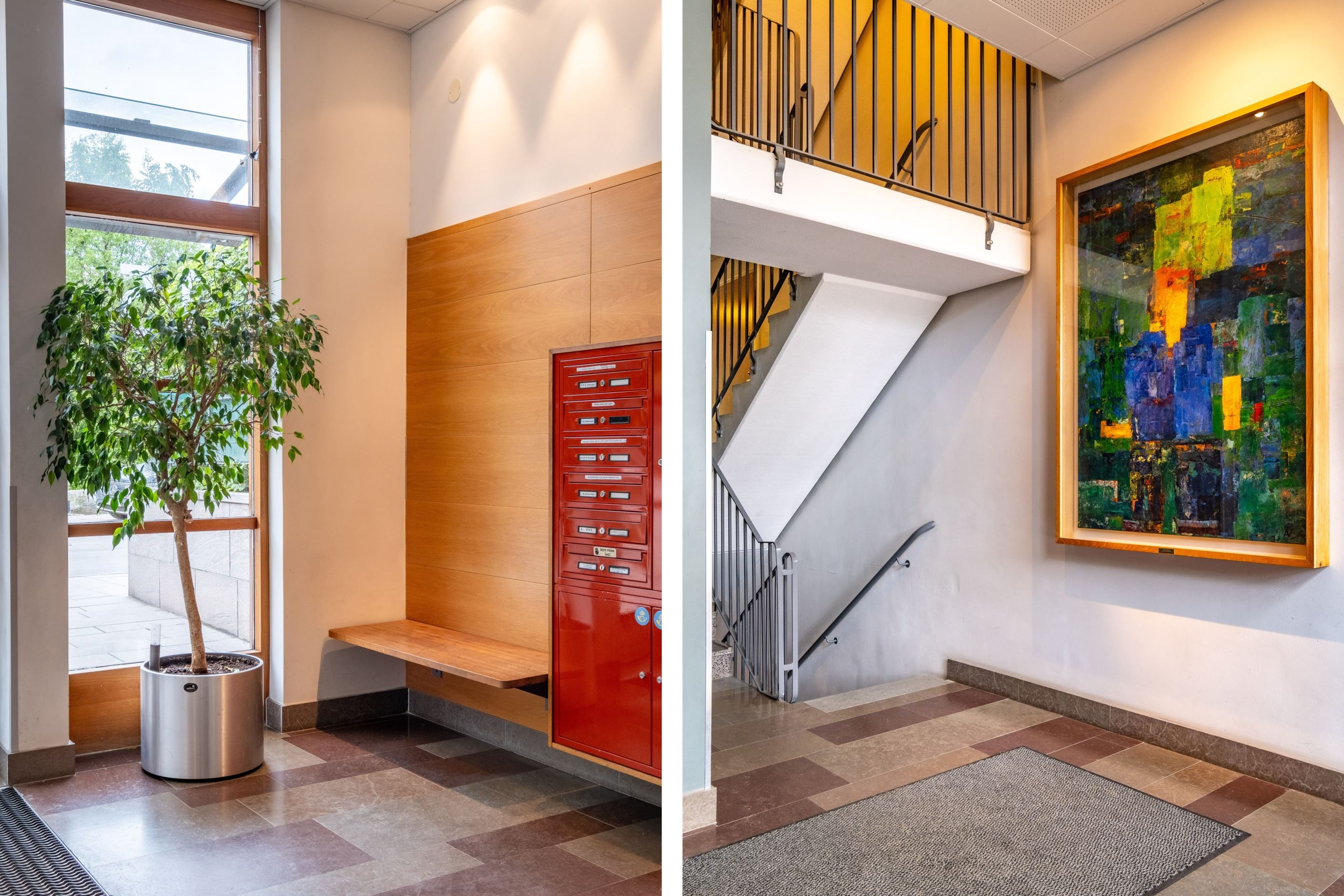 Trevliga entréer med konst och växter