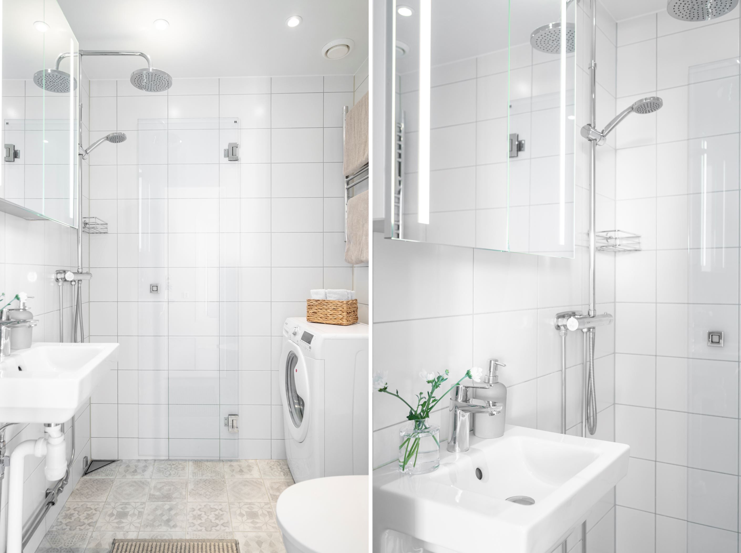 Stilrent, ljust badrum med tvättmaskin