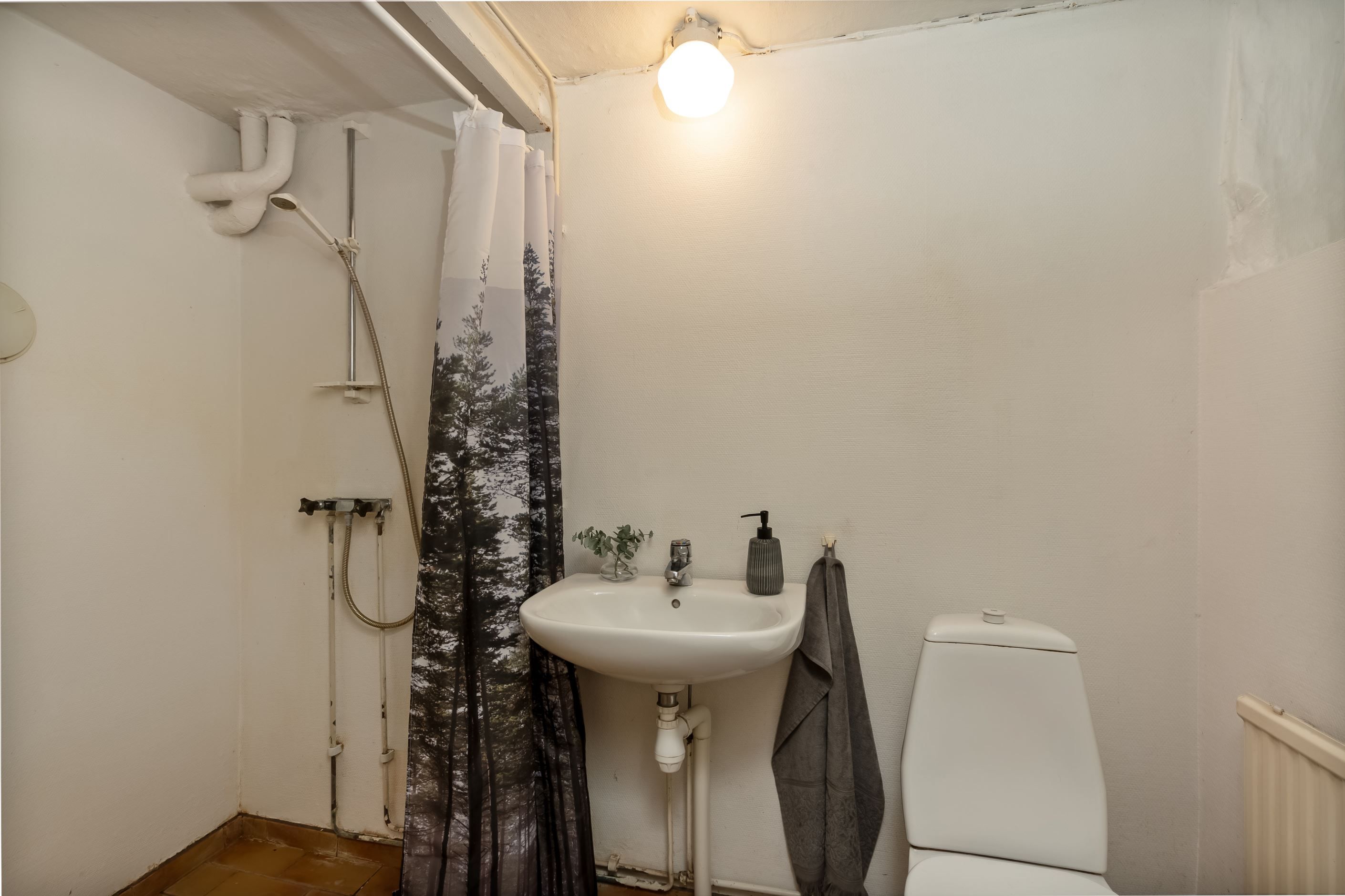 Toalett med dusch på källarplan