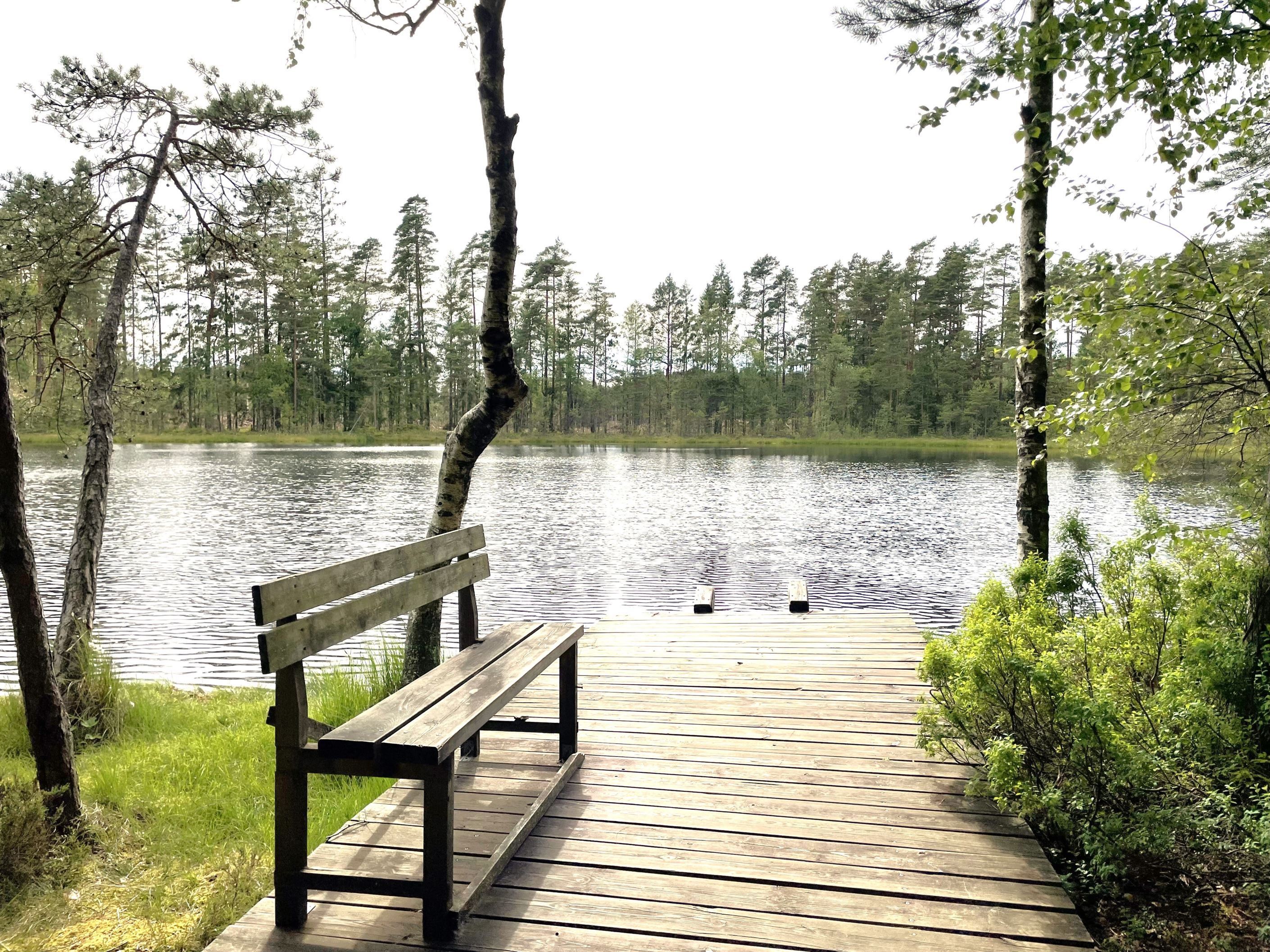 Brygga vid Svinasjön ca 500 m från stugan