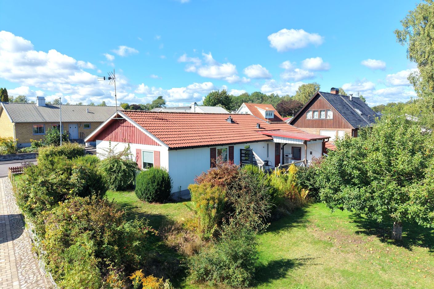 Lummig trädgård med buskar och träd