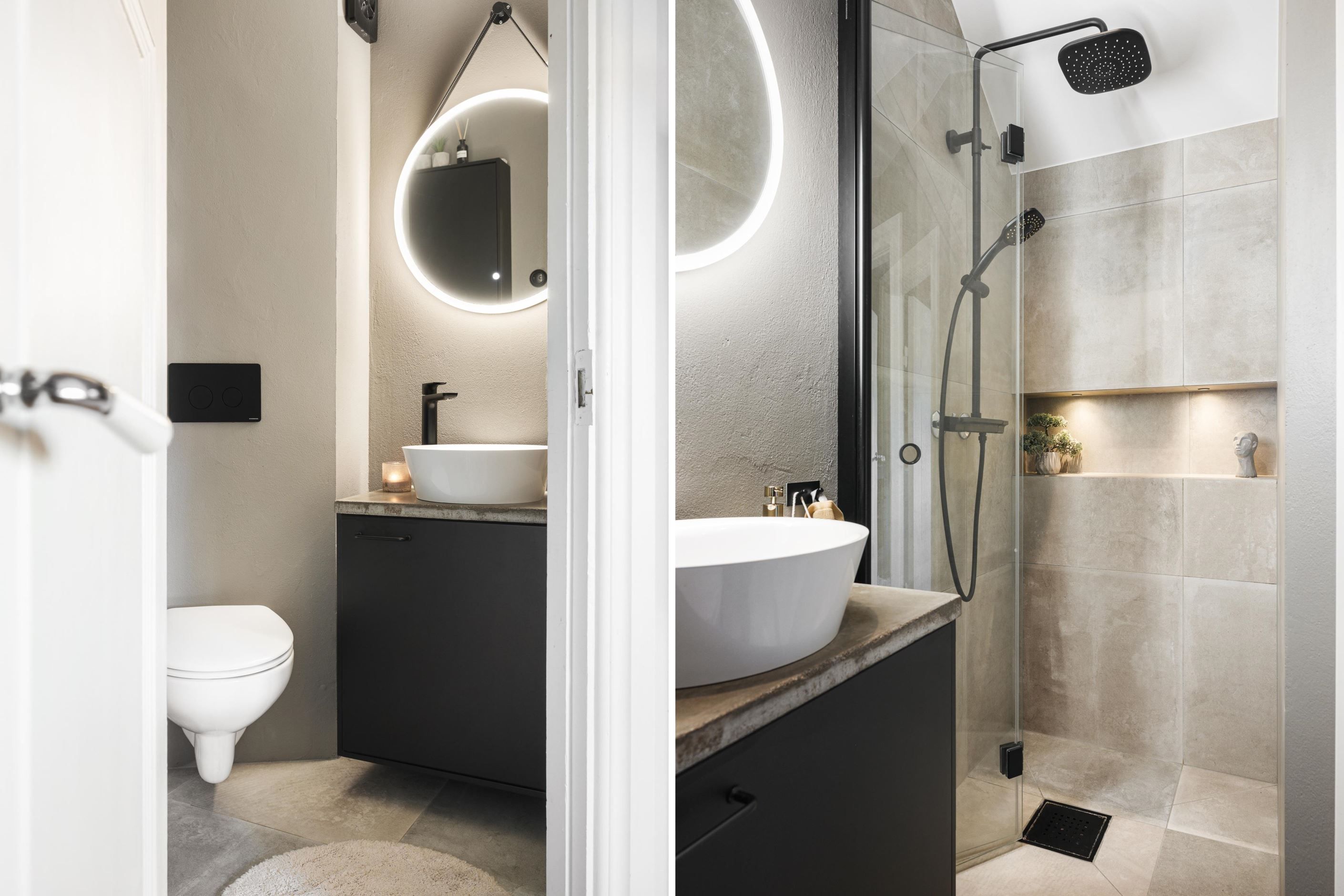 Modernt kaklat badrum med dusch, utrustat med nisch!