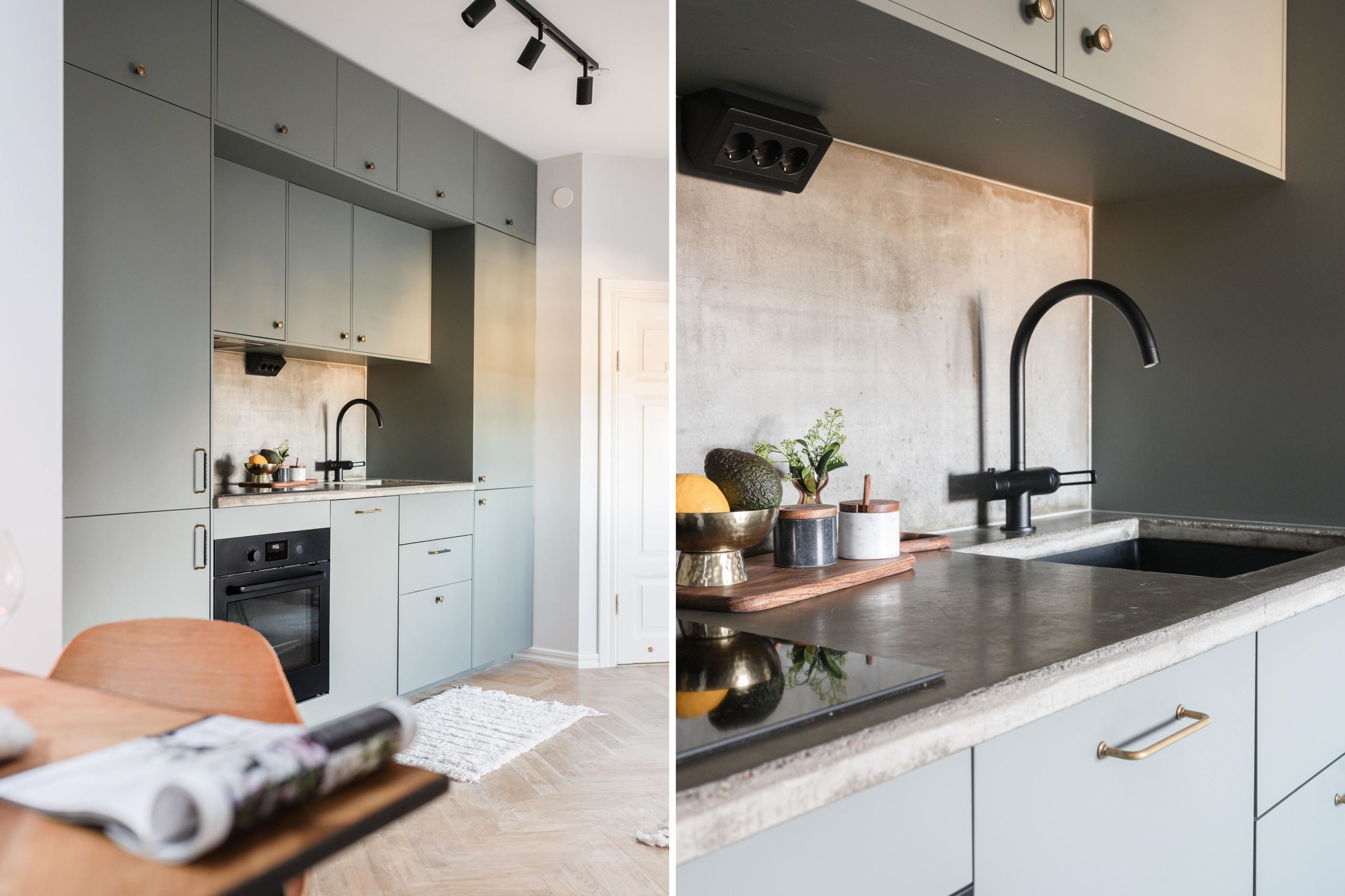 Handgjord bänksiva i betong som bryter av från den gröna inredningen