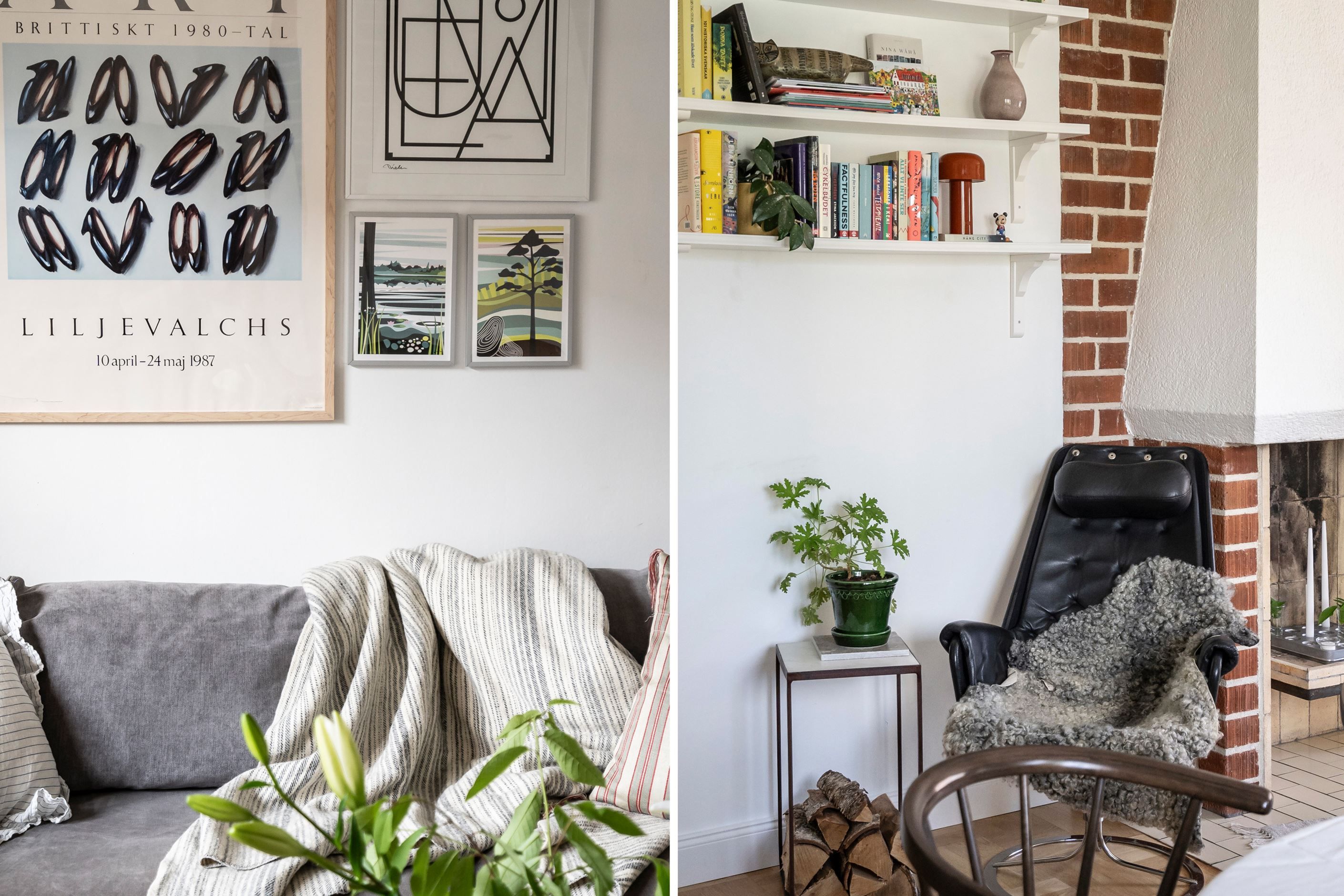 Vardagsrum med salongsdel och dekorativ öppen spis