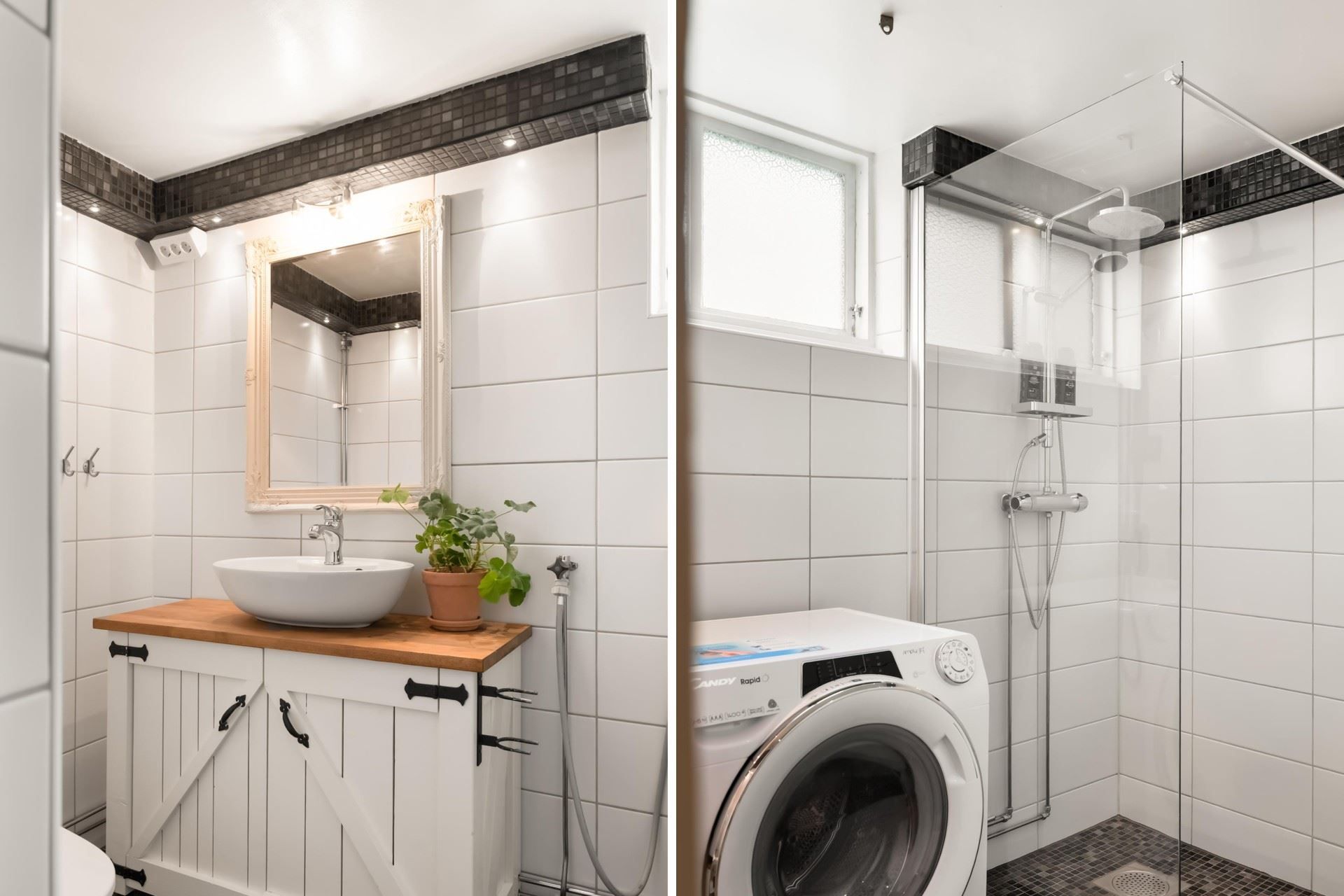 Fräscht helkaklat badrum i lägenhet, källarplan.