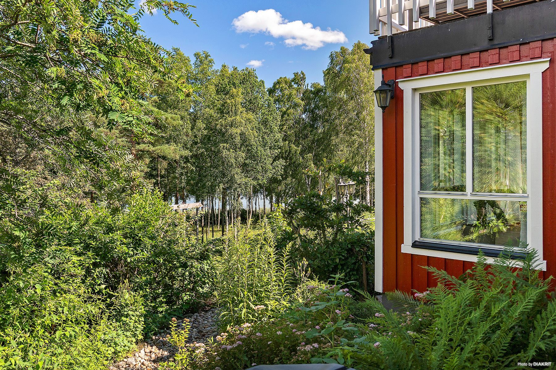 Grönskande tomt med sjöutsikt