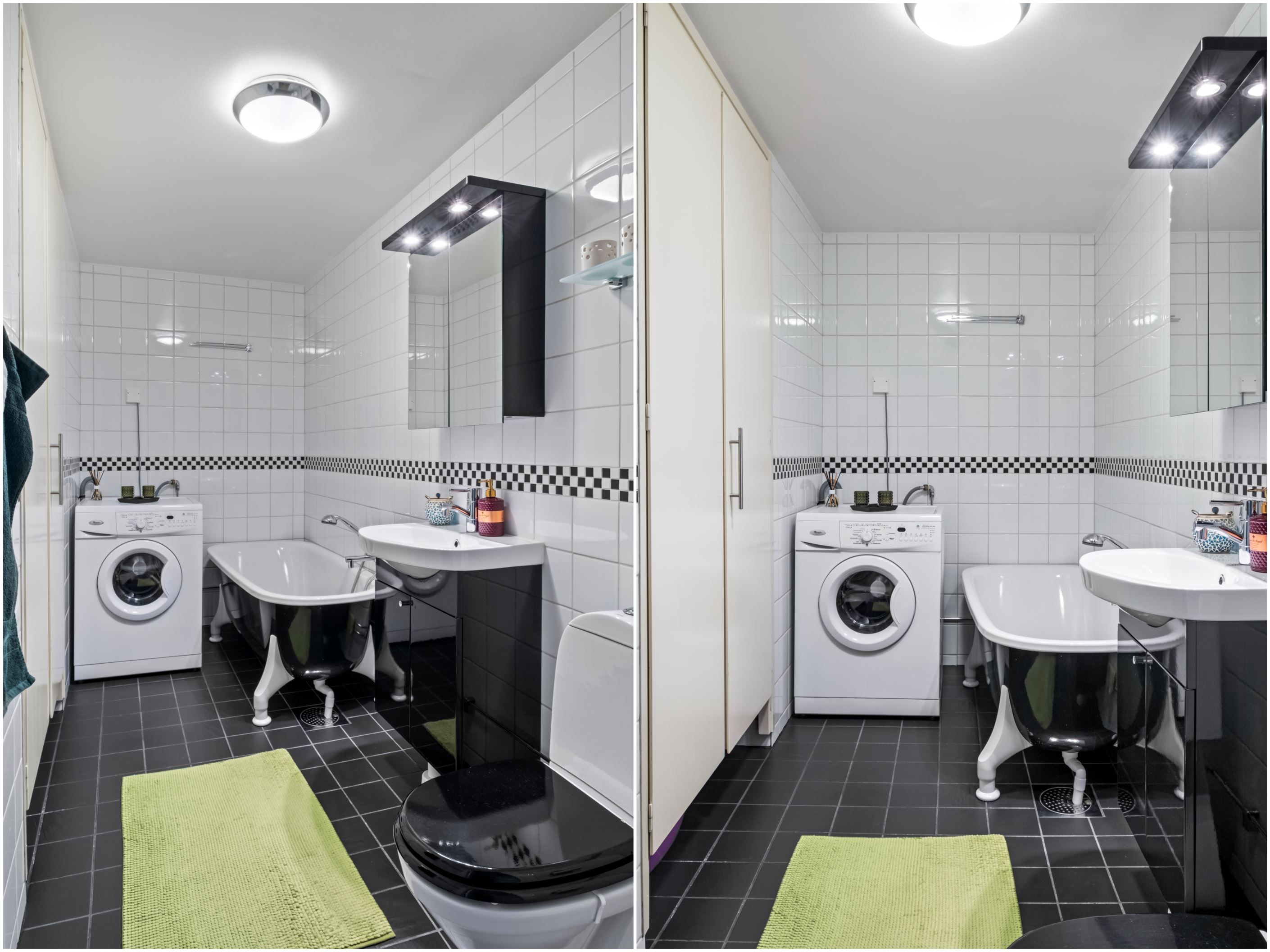 Det större badrummet med badkar och tvättmaskin. Renoverat 2009