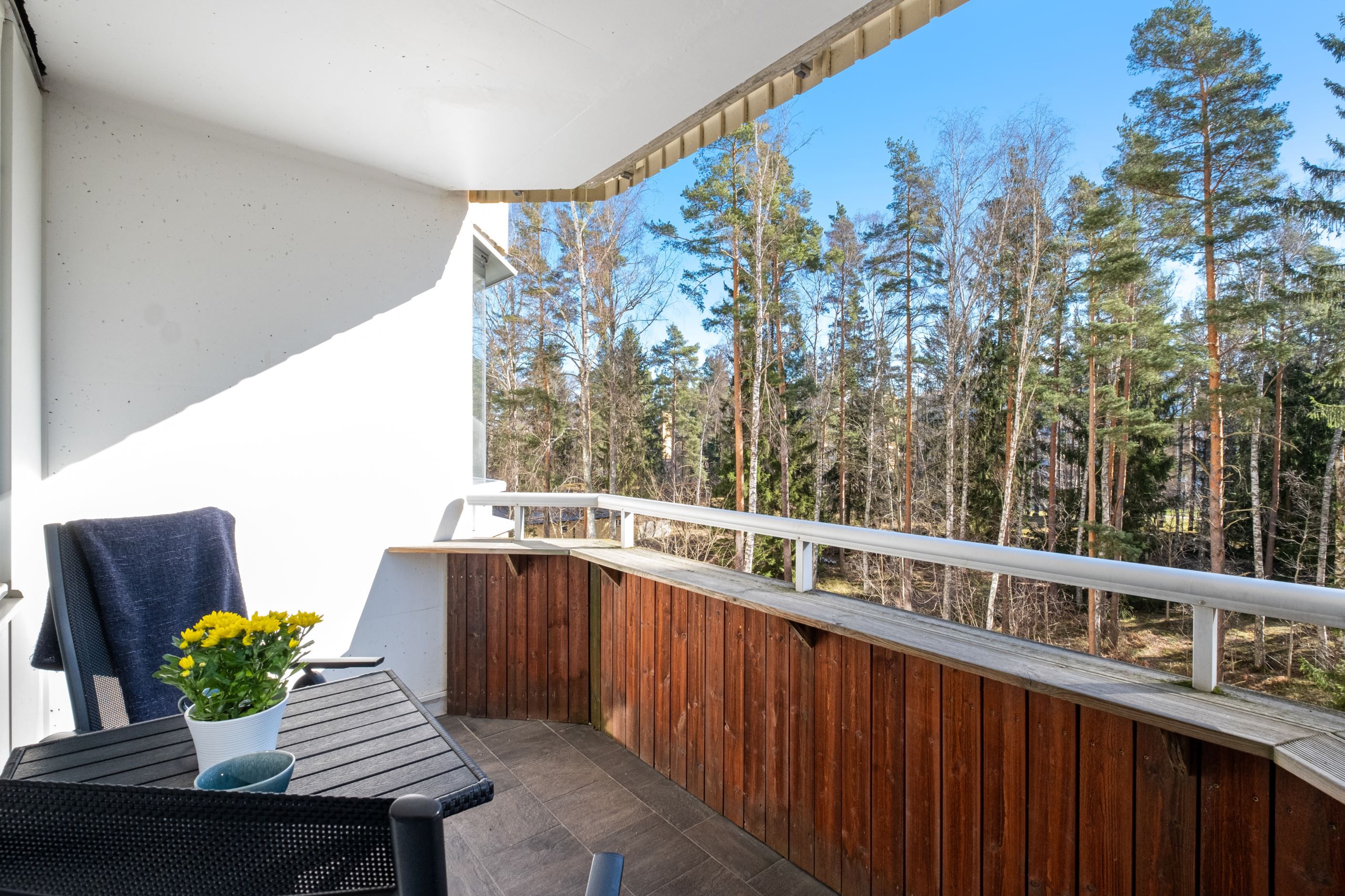 Mysig balkong med utsikt över skogen