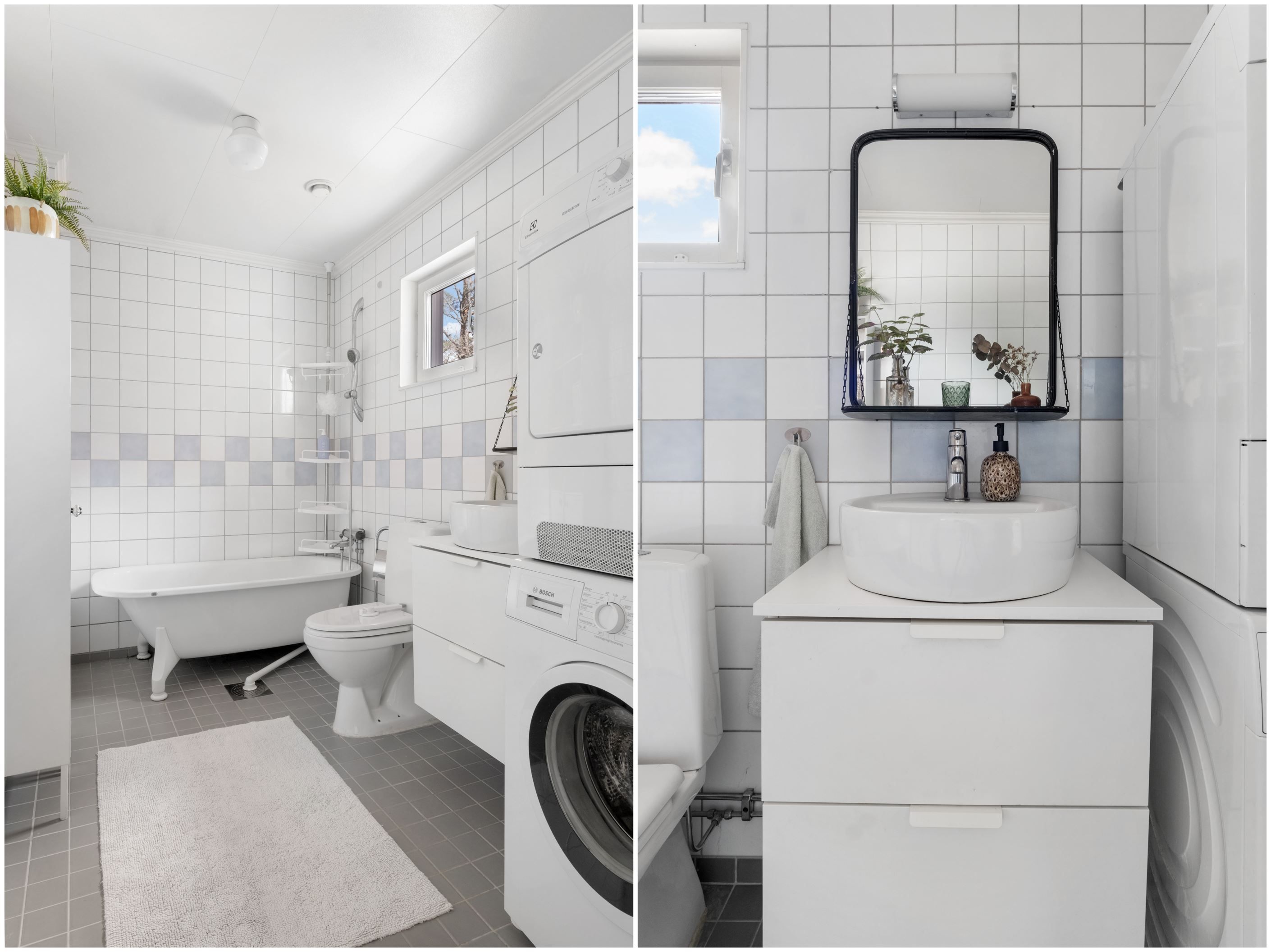 Badrum med badkar, tvättmaskin och torktumlare
