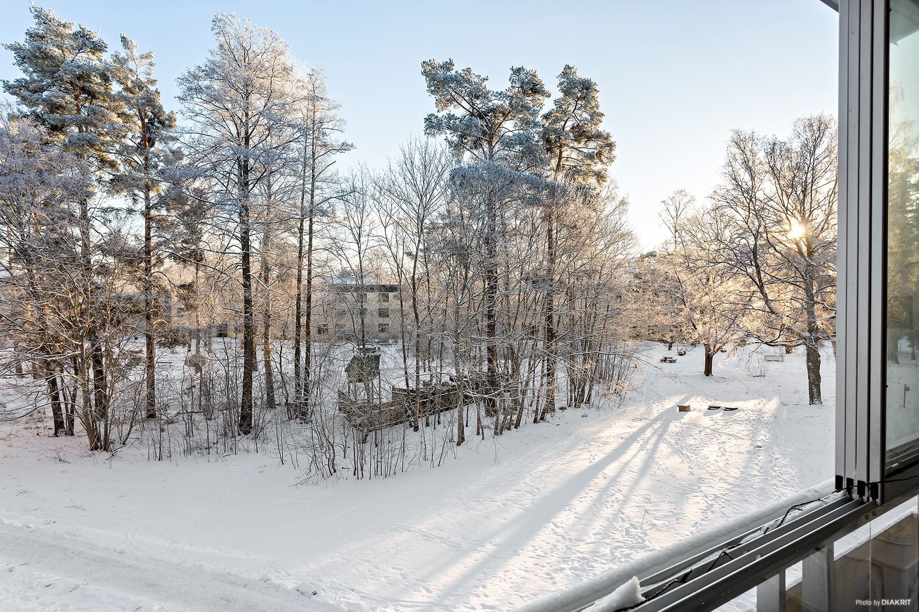 Utsikt från balkong mot grönområde och innergård