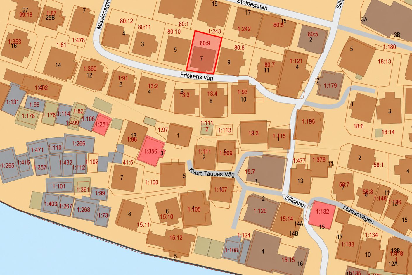 Detaljerad fastighetskarta med markerad tomt 80 9