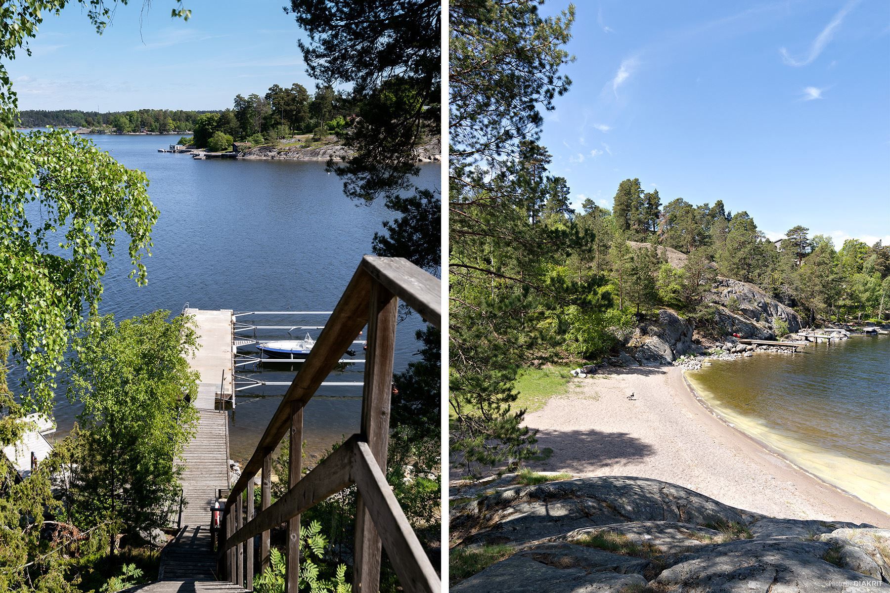 Brygga samt sandstrand i området