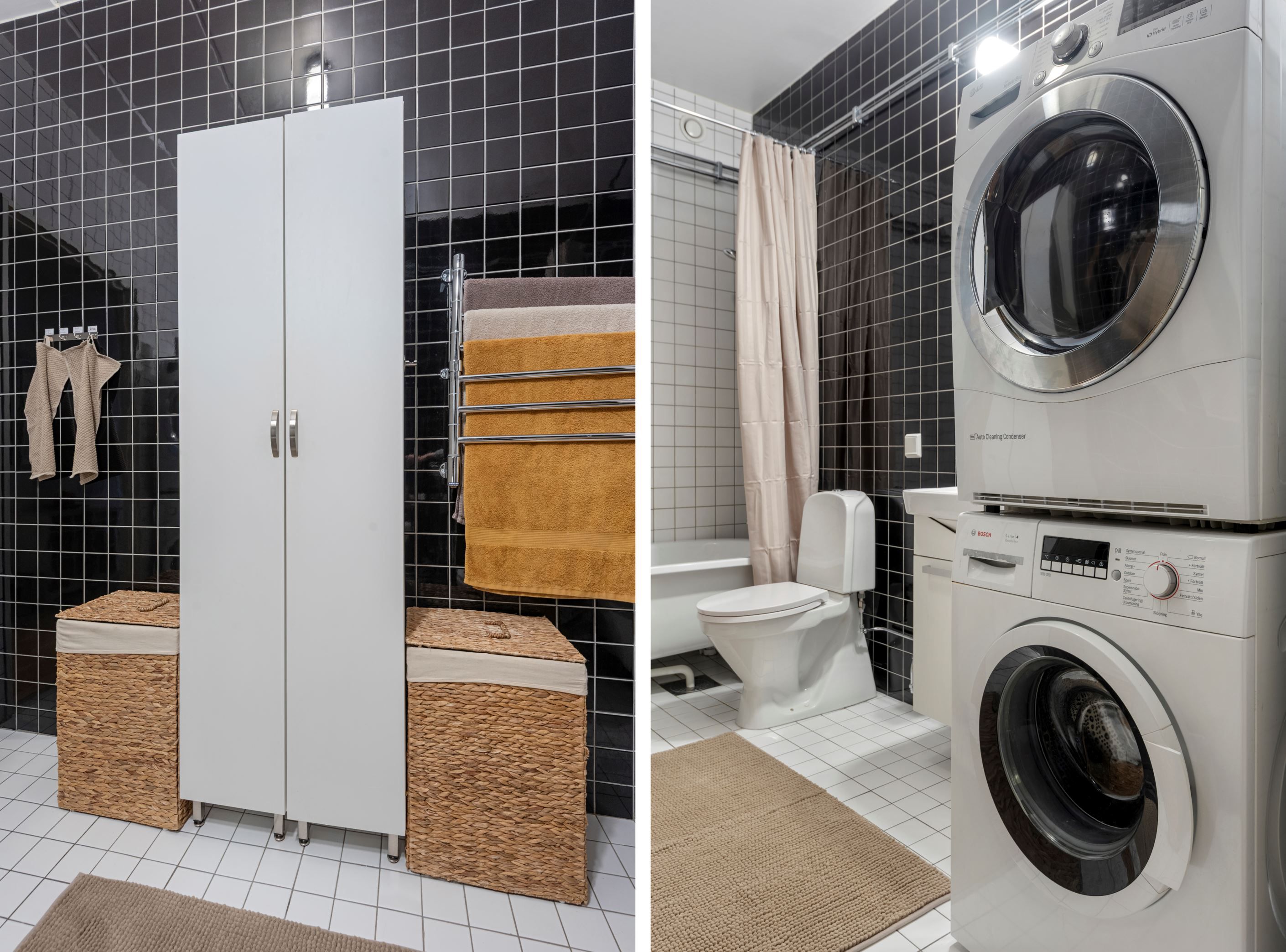 Badrum med tvättmaskin och torktumlare samt förvaringsutrymme