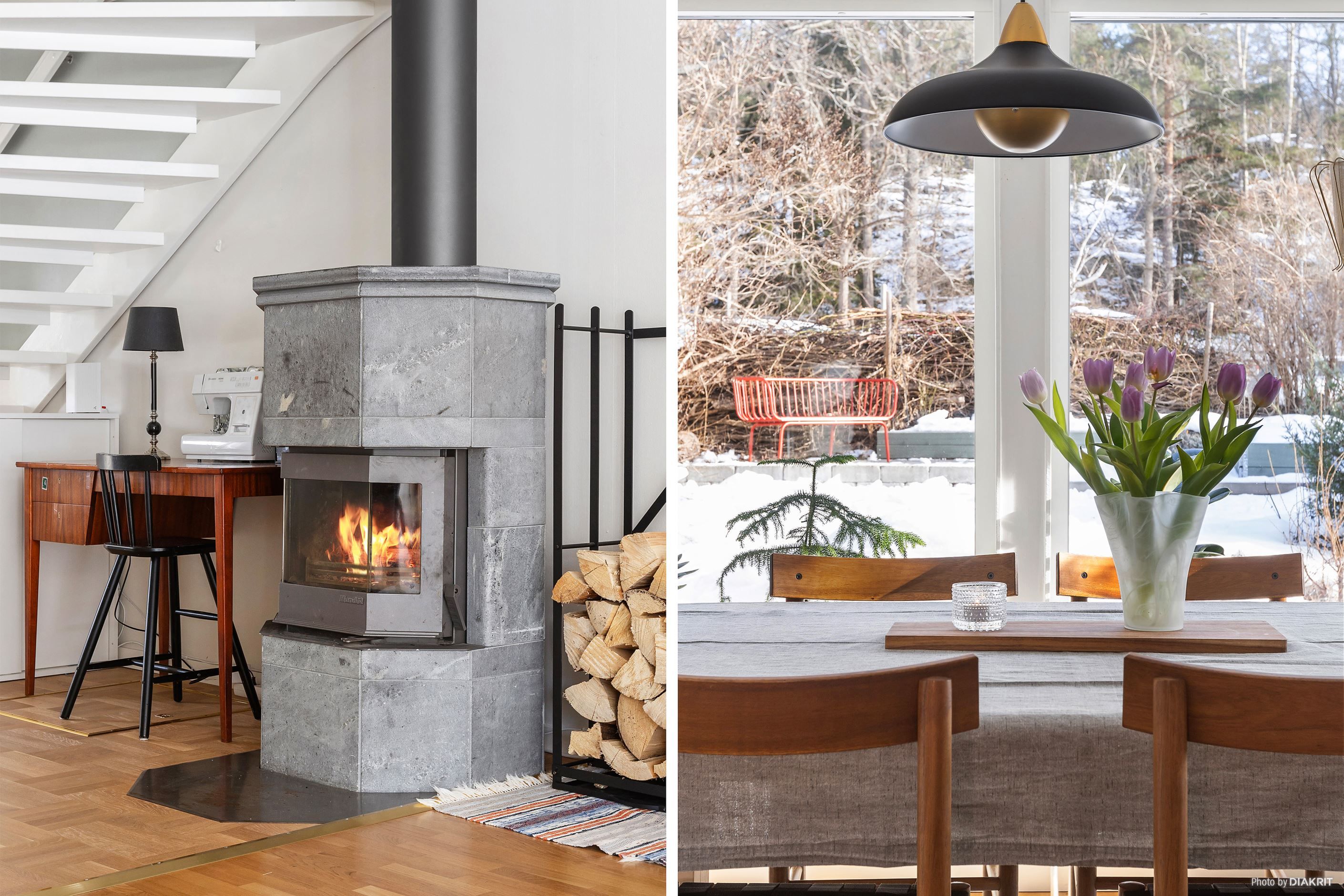 Täljstenskamin / vy vardagsrum