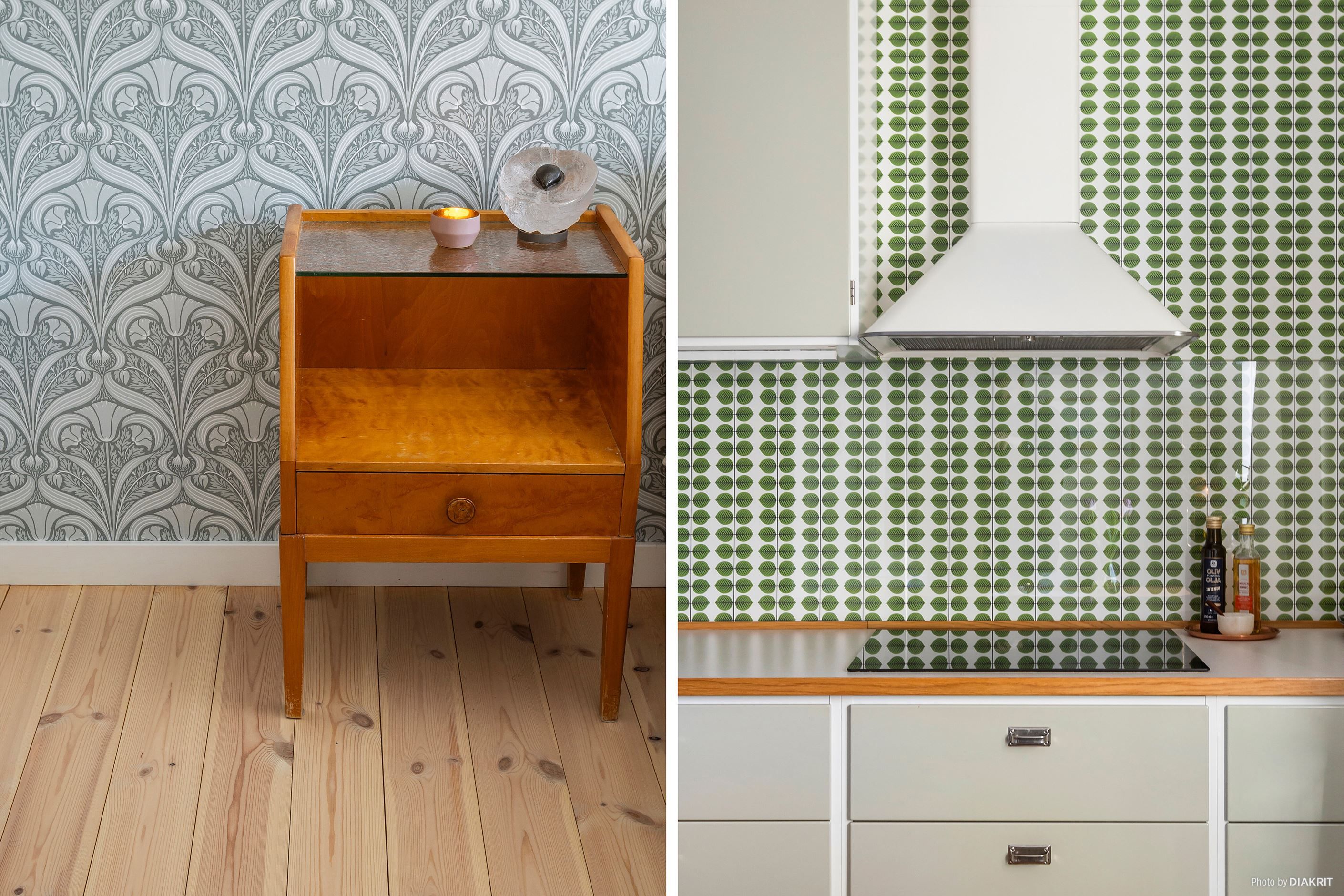 Detalj såpskurat furugolv i sovrum / detalj kök