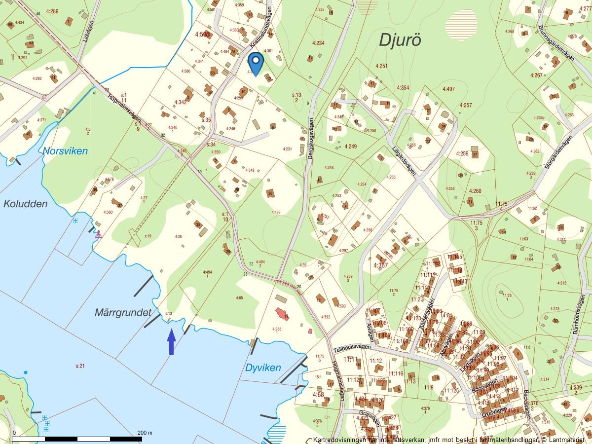 Fastighetskarta - Pil som markerar bryggplatsen i förhållande till fastigheten.
