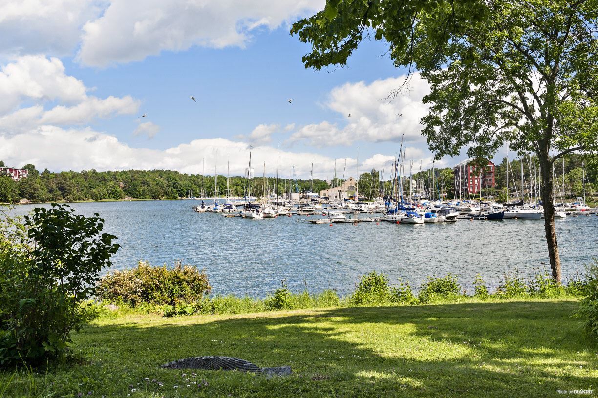 Trevlig utsikt mot båtbryggor