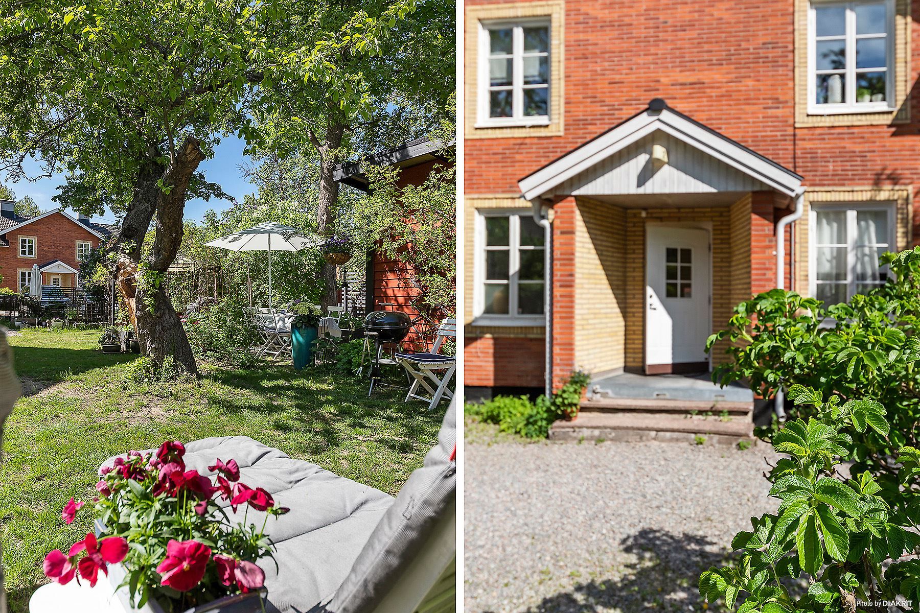 Skeviksgatan 2 med stor gemensam trädgård, grusade gångar samt vacker tegelfasad.