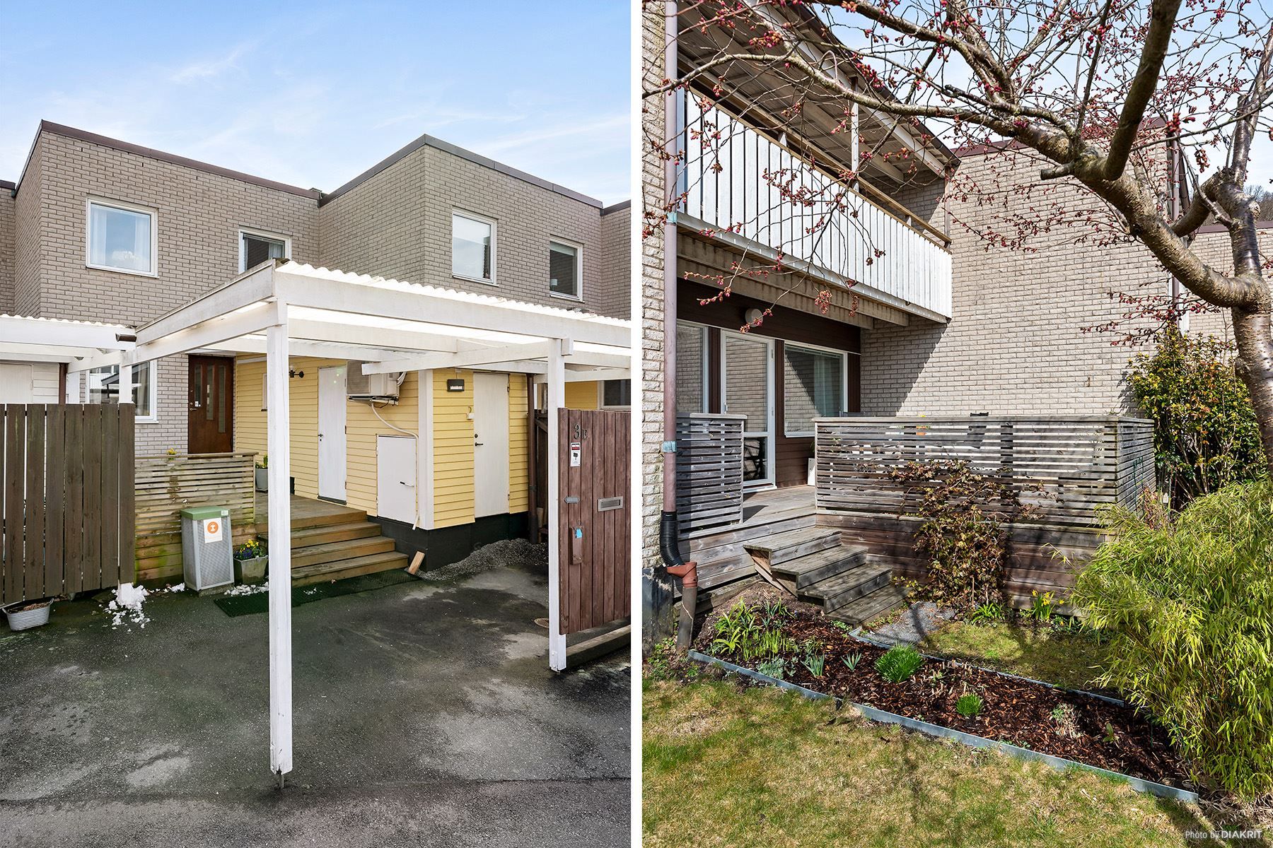 Uteplats och carport på framsida och altan på baksidan