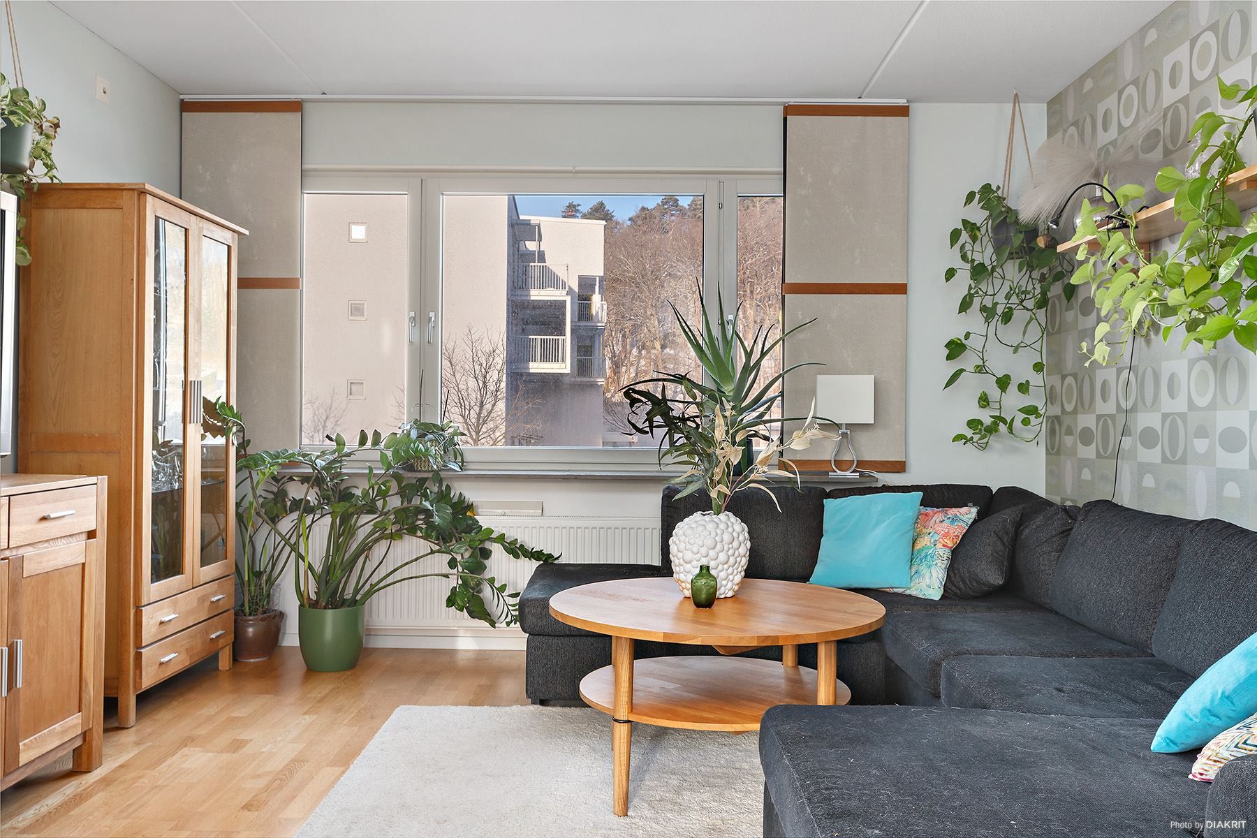 Möblera med en stor soffa för hela familjen och tillhörande TV-möblemang