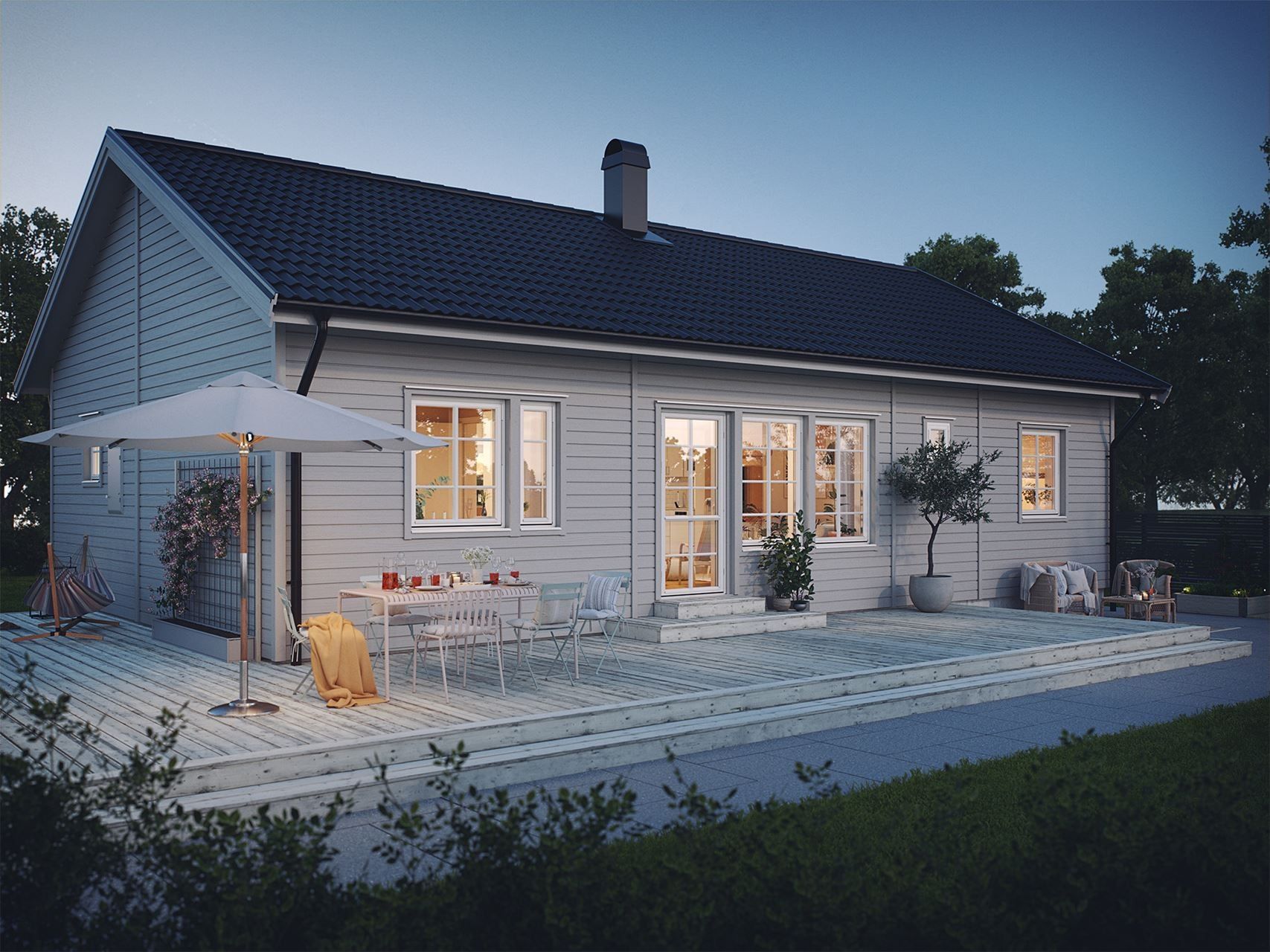 Huset på bild har extra tillbehör som ej ingår i standard