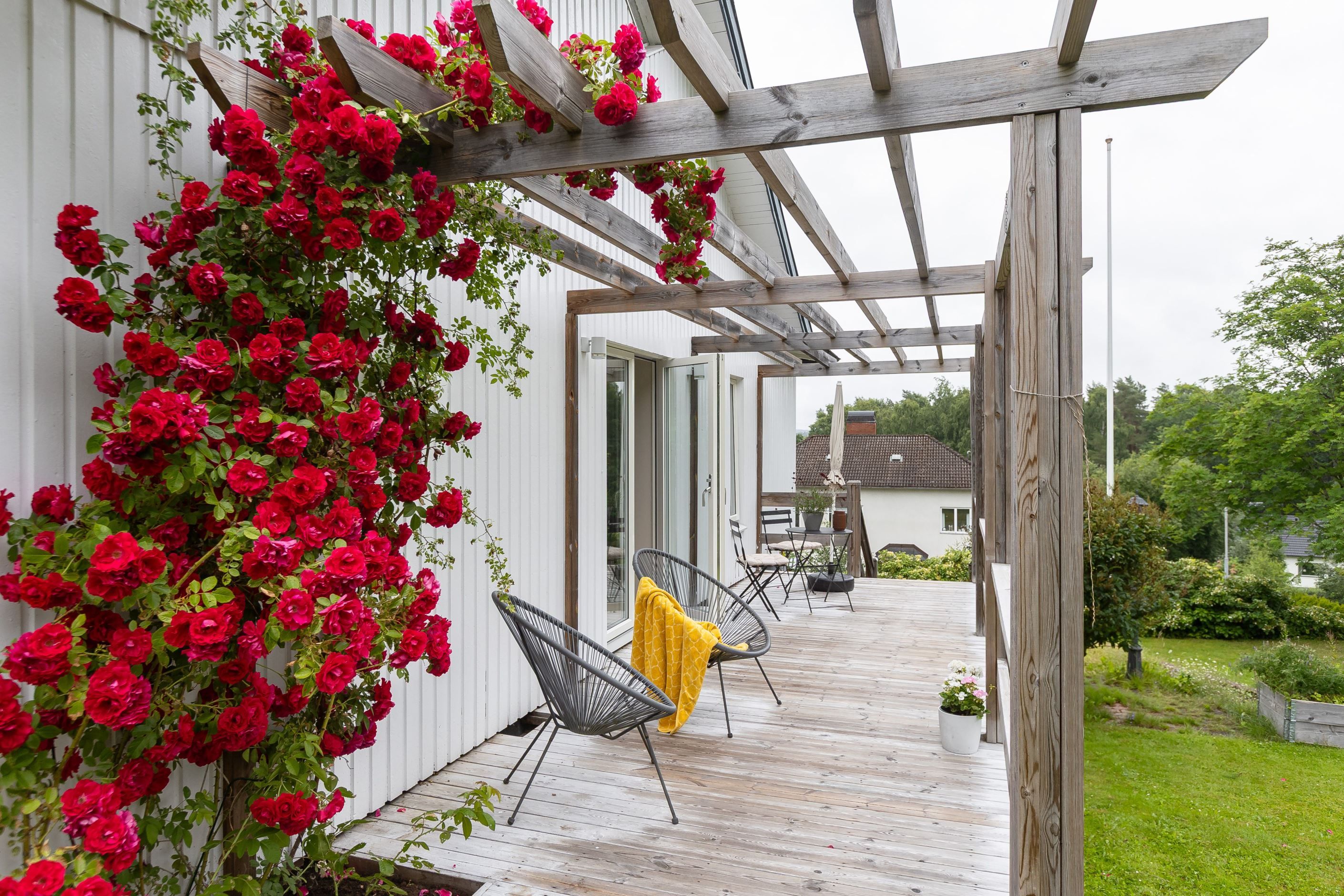 Pergolan ligger i söderläge och är en naturlig förlängning av huset under sommarhalvåret