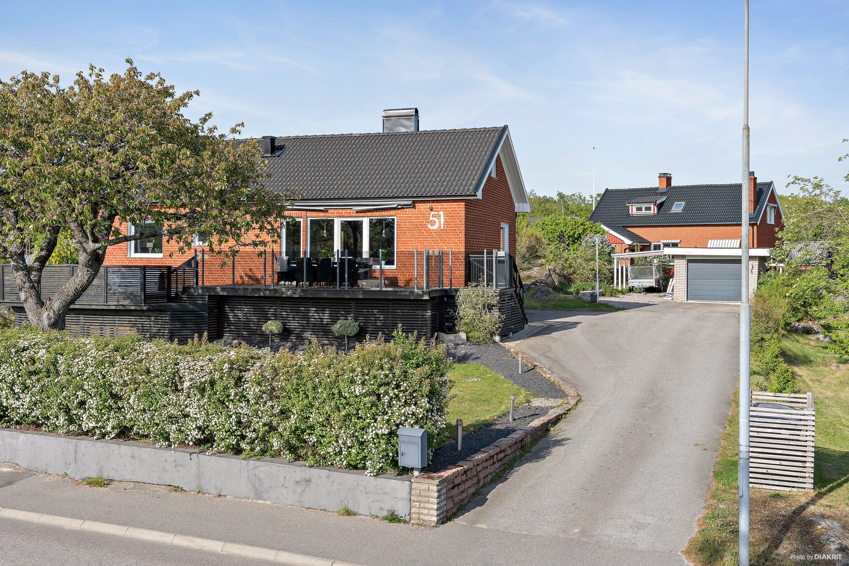 Fasad med garagebyggnad