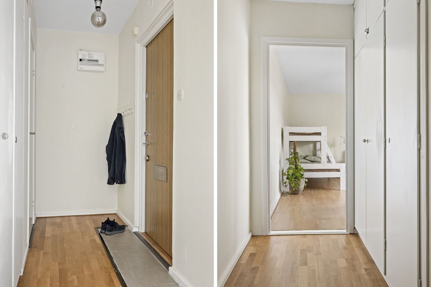 Välkomnande hall med flera garderober.