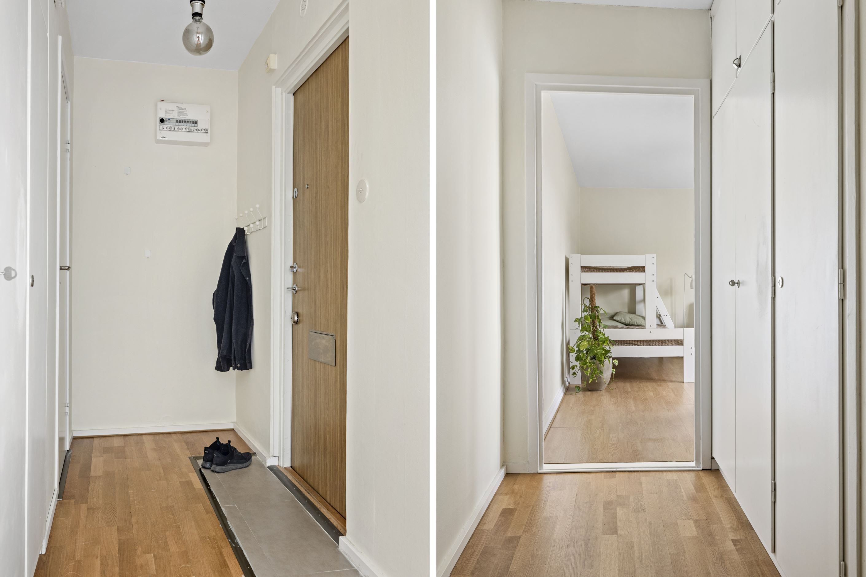 Välkomnande hall med flera garderober.