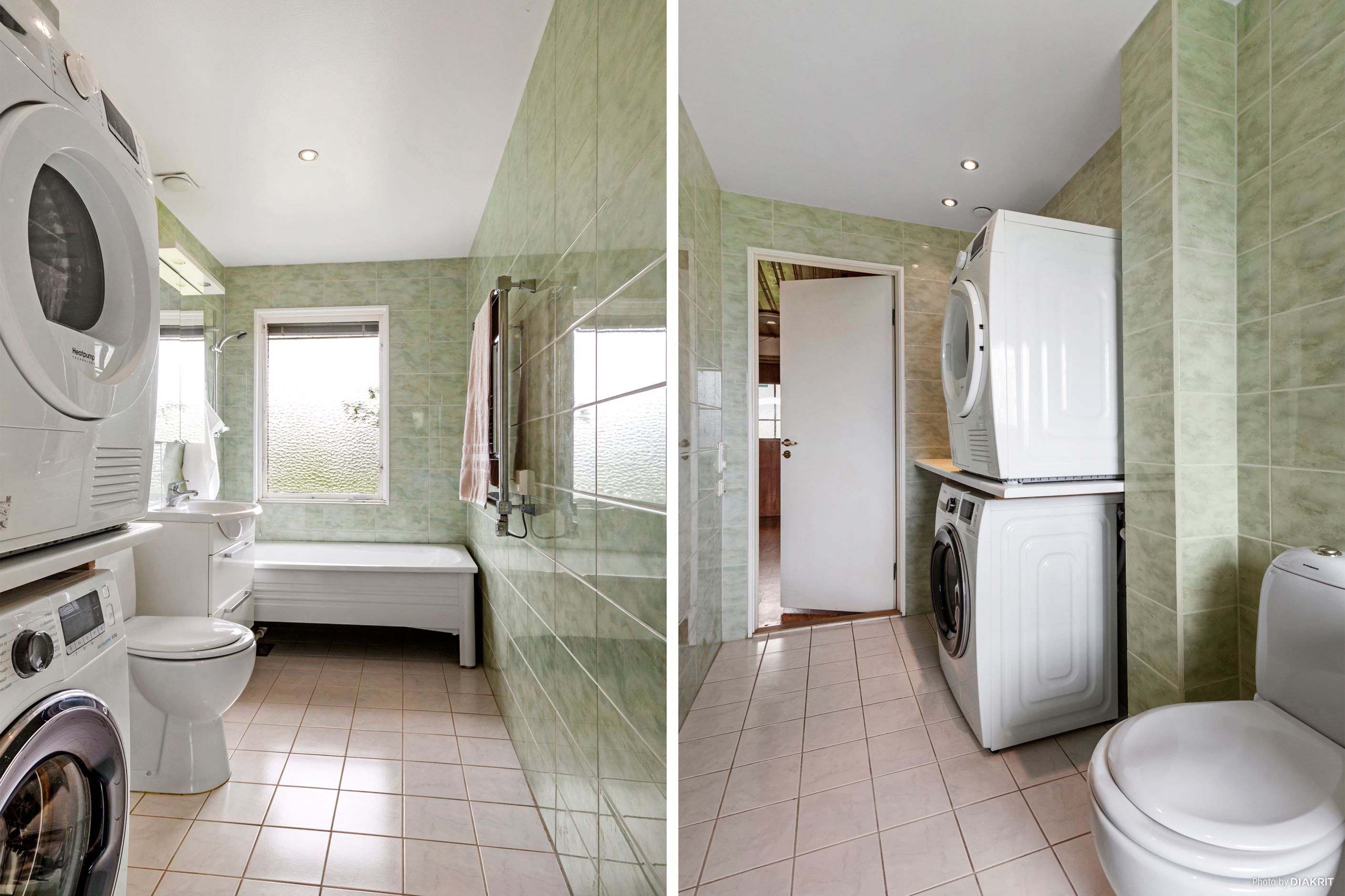 Helkaklat WC-badrum med tvättmaskin och torktumlare - entréplan